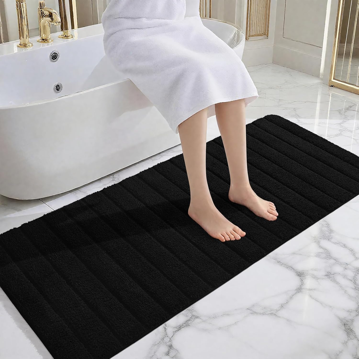 AROGAN Luxury Long Bathroom Runner Rugs, Thick Soft and Absorbent Microfiber Non Slip Bath Mat, Rubber Backing Striped Rug Carpets, Machine Washable Plush Mats for Bathroom Floor, 24x60 Inch Black - Image 3