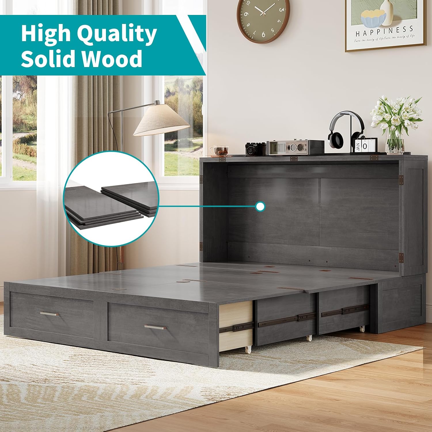 BALUS Murphy Bed Cabinet with Storage Drawer, Cabinet Bed with Tri-fold Mattress and USB Charging Station, Folding Queen Size Beds, Space Saving, Convertible, Easy Assembly (Grey)