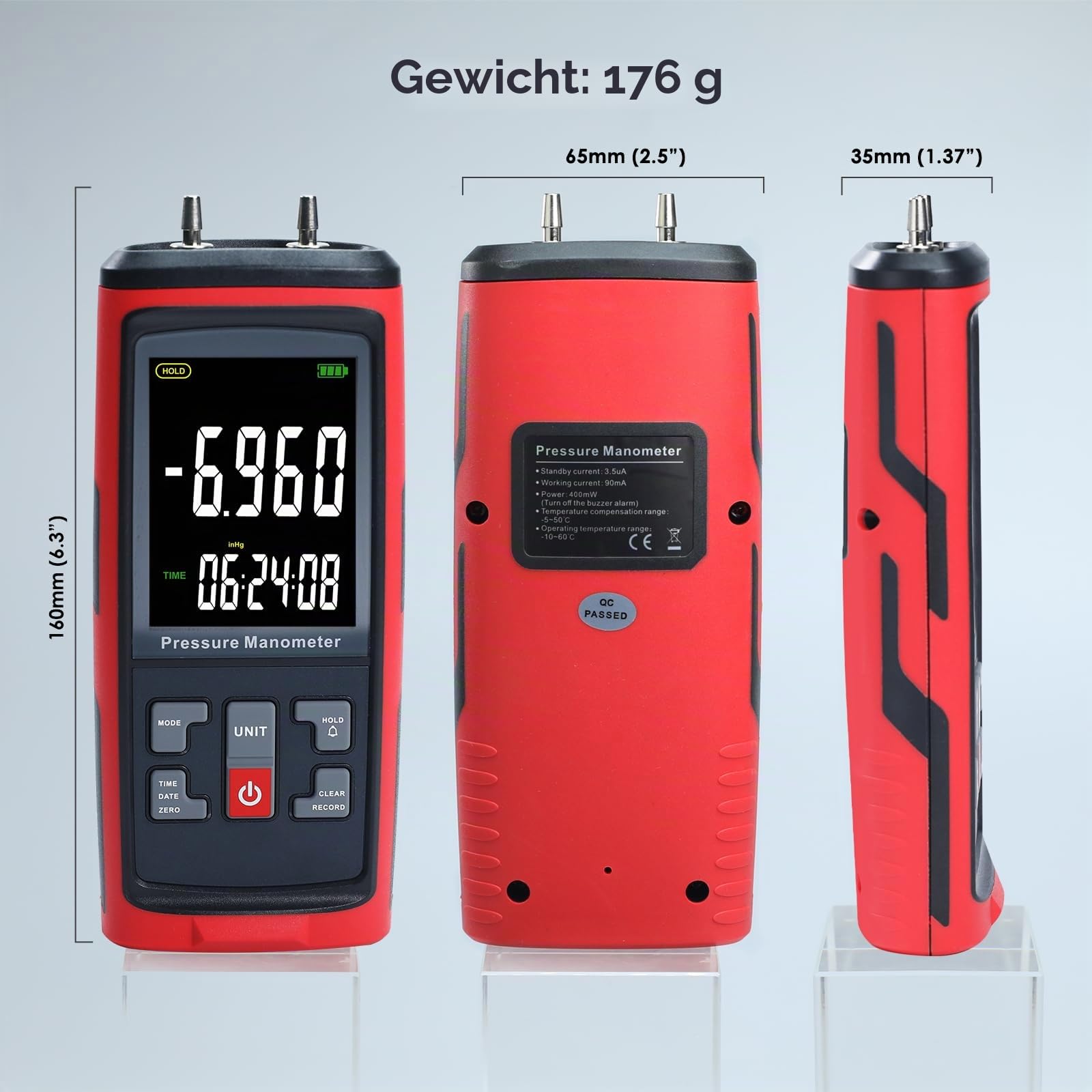 Manometer Datenlogger Digital Manometer Gasdruckprüfer mit ±200inH2O Messbereich, Differenzdruckmessgerät, 13 wählbare Einheiten, Manometer HVAC mit großem LCD-Bildschirm