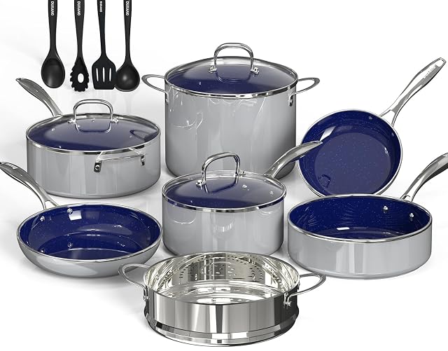 DUXANO 14PC Pots and Pans Set Non Stick Silver Gray, Ceramic Cookware Set, 9H Diamond-Reinforced, Forged Aluminum Fast Even Heating, PFAS-Free, Stay-Cool Stainless Handles, Induction, Oven & Dishwasher Safe