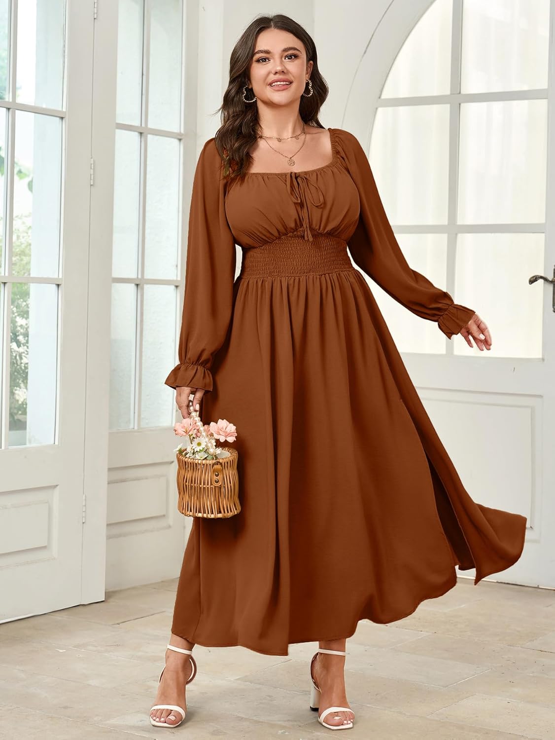 Women's Plus Size Dress Long Sleeve Smocked Dress Square Neck Tie Front Split A-Line Maxi Long Dresses - Image 4