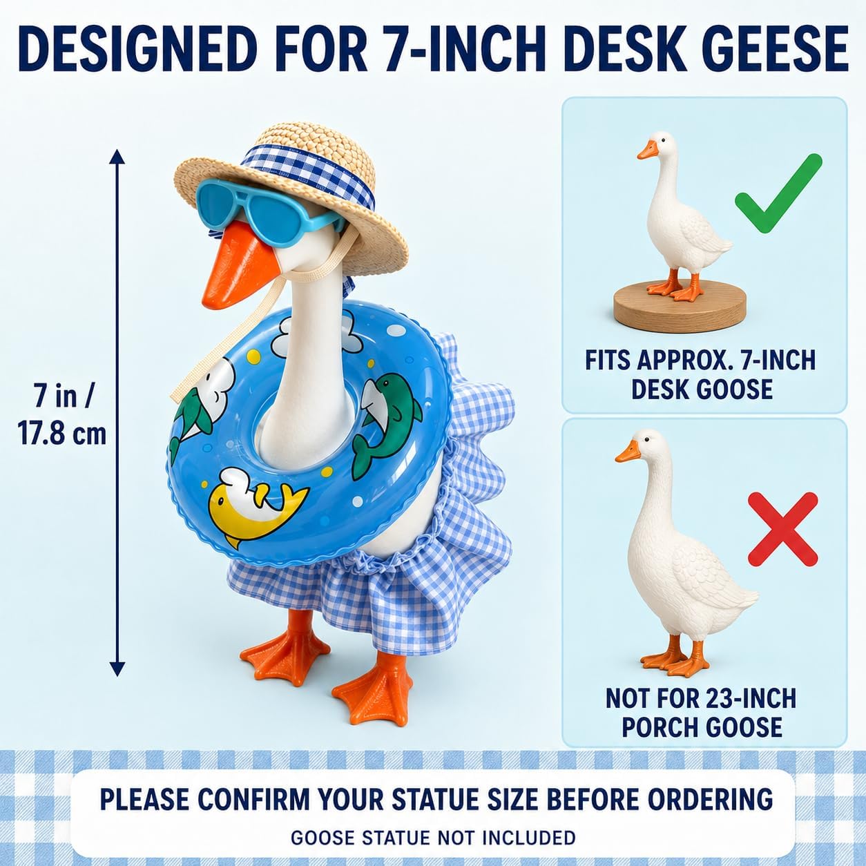 7 Inch Desk Goose Outfit, 4-Piece Summer Beach Costume with Straw Hat, Mini Sunglasses, Blue Gingham Skirt and Decorative Swim Ring, Mini Tabletop Goose Clothes Accessories, Outfit Only image 3