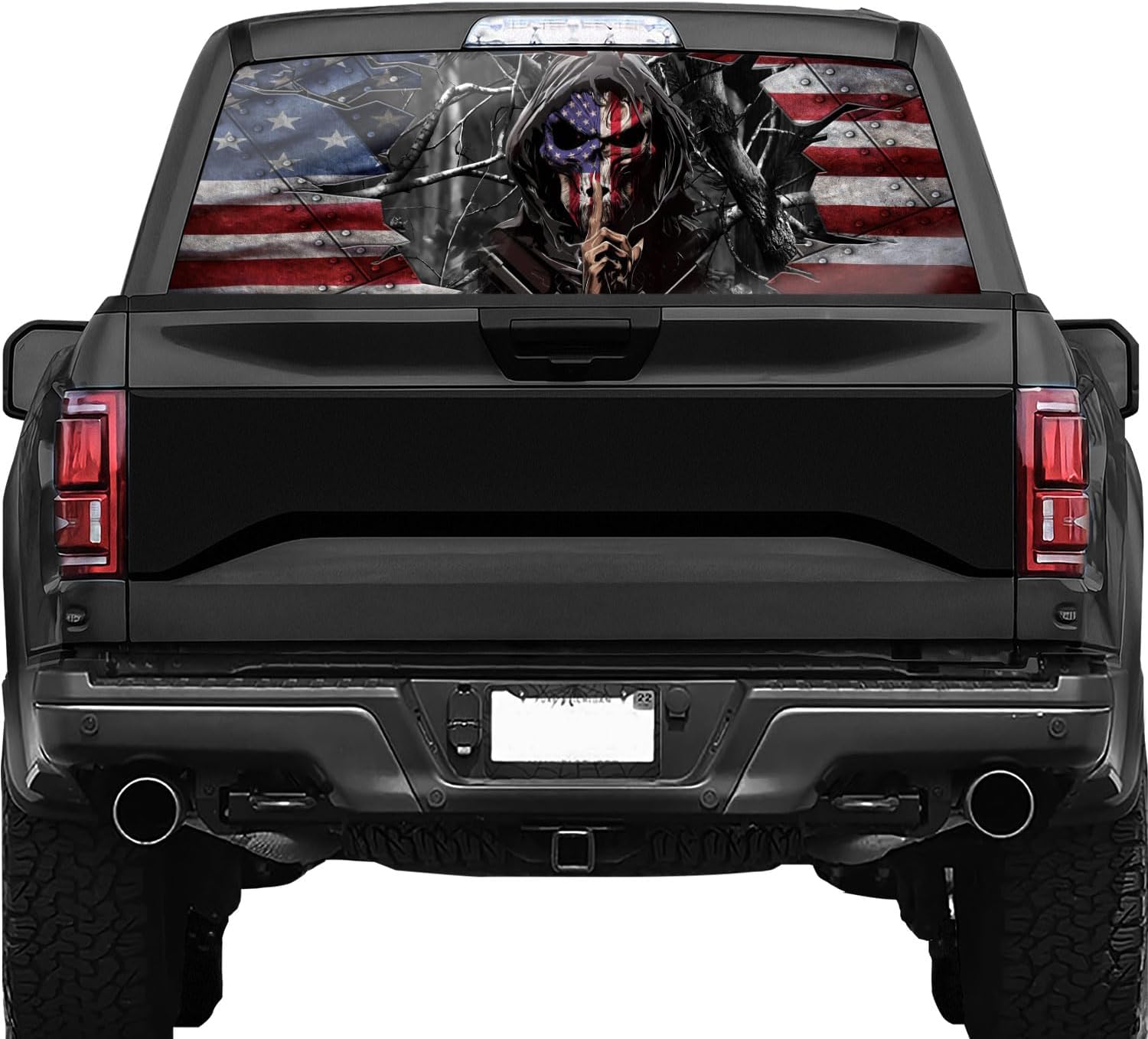 Skull Flag Truck Rear Window Decal – Perforated Vinyl See-Through Sticker, Universal Fit for Pickup Trucks, Patriotic Gift for Dad, Boyfriend & Truck Owners, Easy DIY Install, 65x17IN