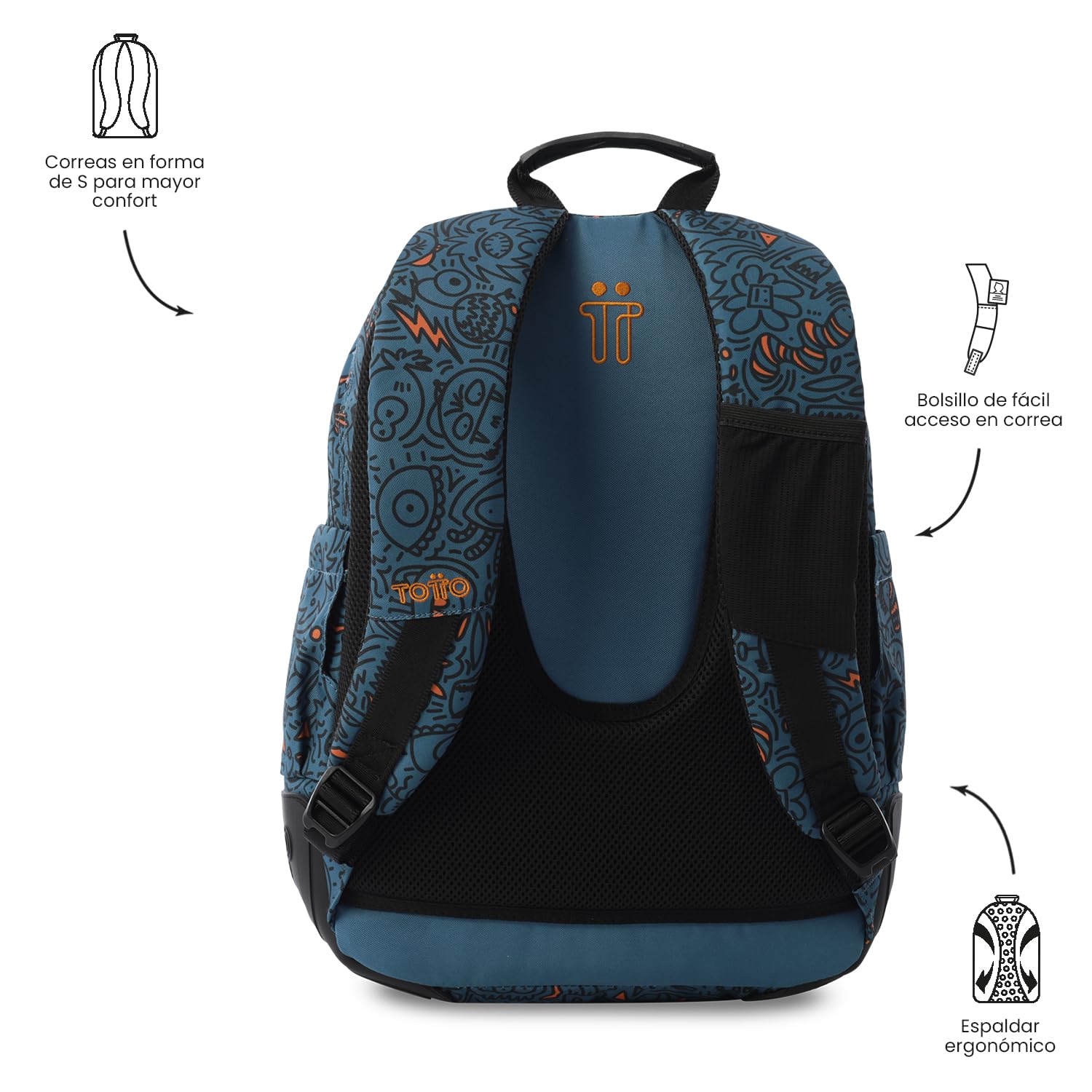 TOTTO - Mochila Escolar Grande, Modelo Rayol, Capacidad 19 L, 3 Compartimentos, 2 Bolsillos Botella, Bolsillo para PC 14", Espaldar Ergonómico con Flujo de Aire, Correas en S, Estampado Grafer