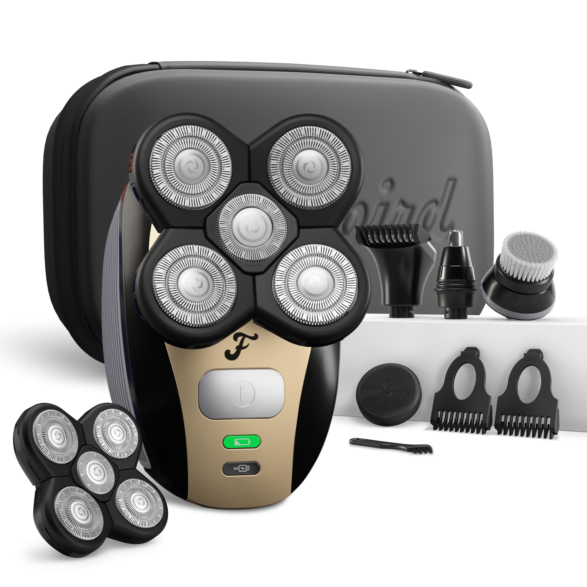 Freebird Electric Head & Body Hair Shaver - Mens Cordless Waterproof Razor with Rotary Blades (FlexSeries, Shaver Kit + Travel Case + Extra Blade)