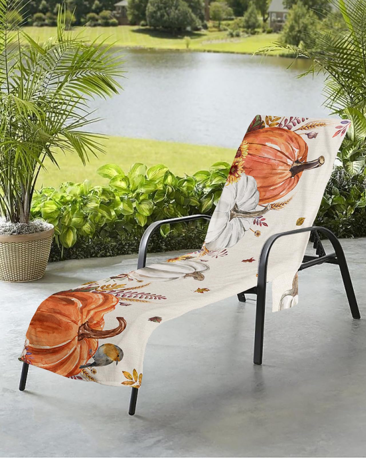 Vintage Pumpkins Beach Chair Towel Covers for Chaise Lounge with Side Pocket, Soft Plush Pool Towels Cover for Patio Sunbathing Outdoor 29''x85'' Season Fall Maple Leaves Orange White