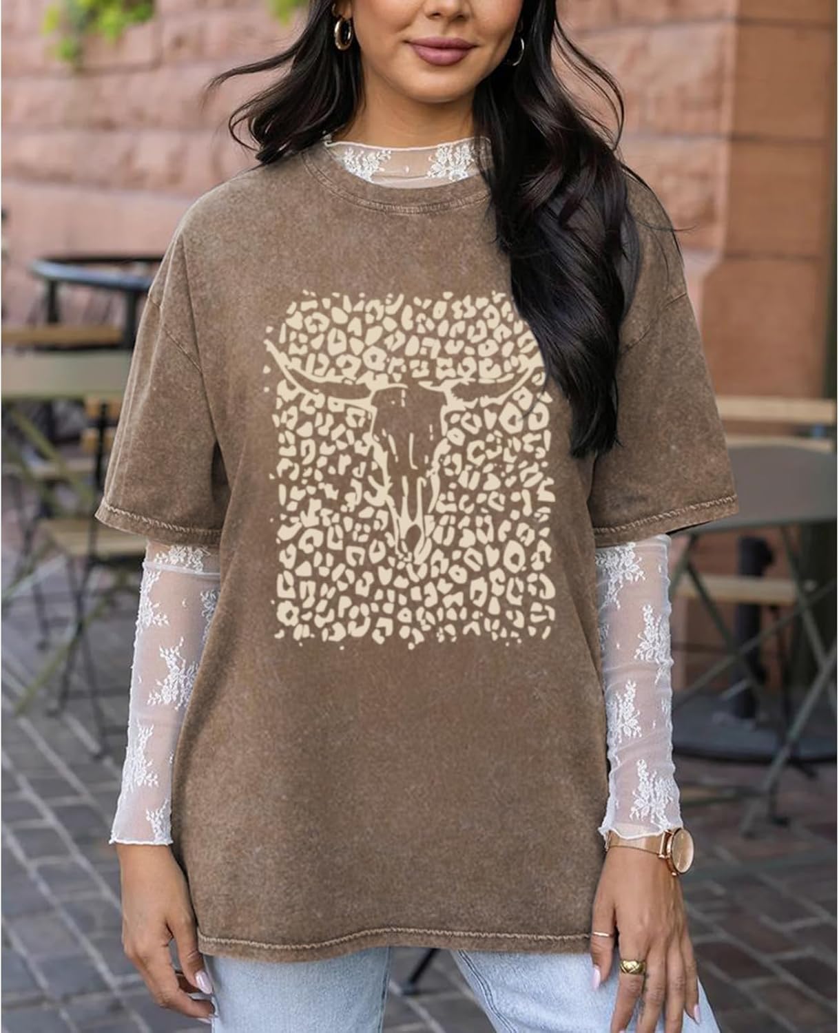 Western Cow Skull Shirts for Women Boho Cowgirl Shirt Vintage Acid Wash Tshirt Oversize Rodeo Graphic Tee Country Top - Image 4