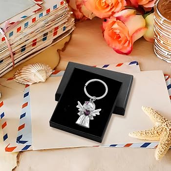 3 Portachiavi Angelo Custode Con Pietra Cuore E Fiore Lilla – Portafortuna In Lega Argento/Blu/Rosa/Viola, Regalo Per Esami, Auto, Amore E Protezione