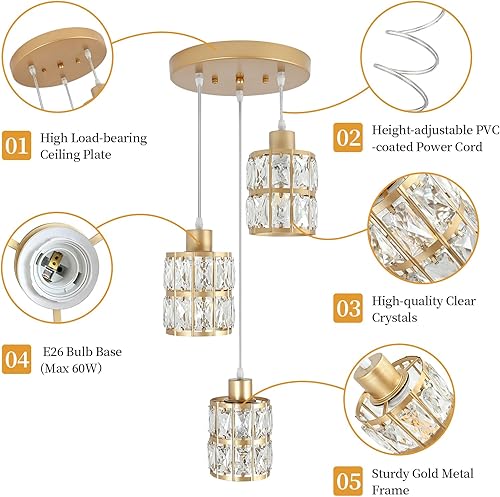Miniatura 6 de Moderna lámpara colgante de cristal dorado  Lámpara colgante ajustable de 3 luces para isla de cocina, comedor, sala de estar y dormitorio