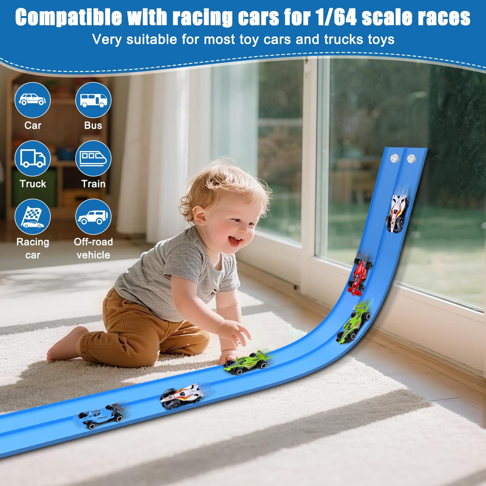 Circuit Voiture Flexible, 4M Circuit Voiture Enfant Jouet avec Voies Doubles et 1/64 Formule Course Piste de Course Flexible avec Ventouses Piste de Voitures Enroulable Cadeau Garçons Filles