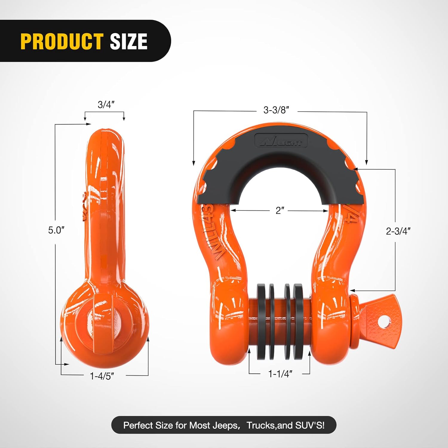 Nilight 2 Pack 3/4" D-Ring Shackle 4.75 Ton (9500 Lbs) Capacity with 7/8" Pin Heavy Duty Off Road Recovery with Isolators & Washer Kit for Jeep Truck Vehicle, Orange (90051B)