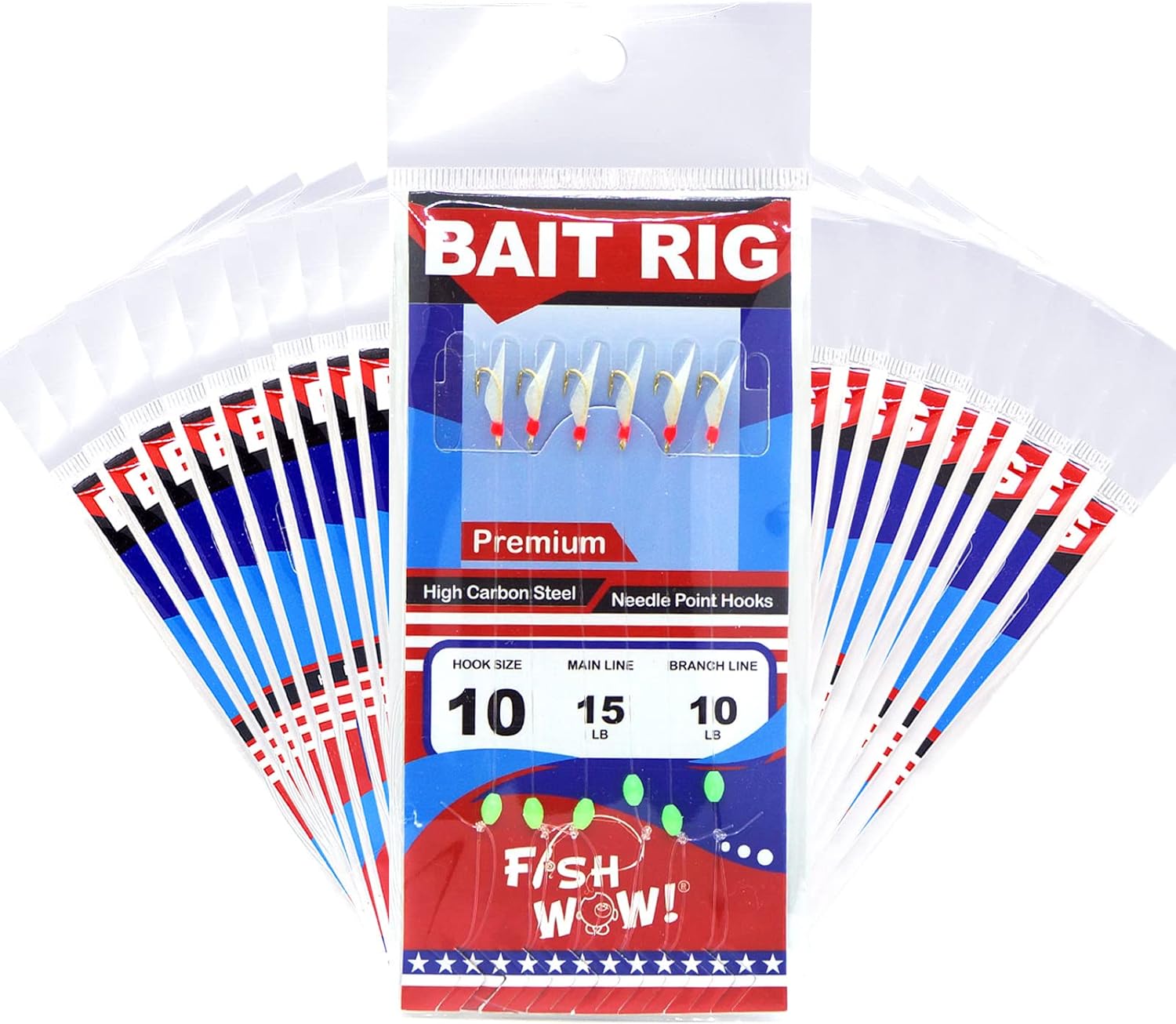 20 Packs Fish WOW!® Size 10 Fishing Bait Rigs Piscatore Lure with Gold 6-Hook with Fish Skin and Glow Green Beans