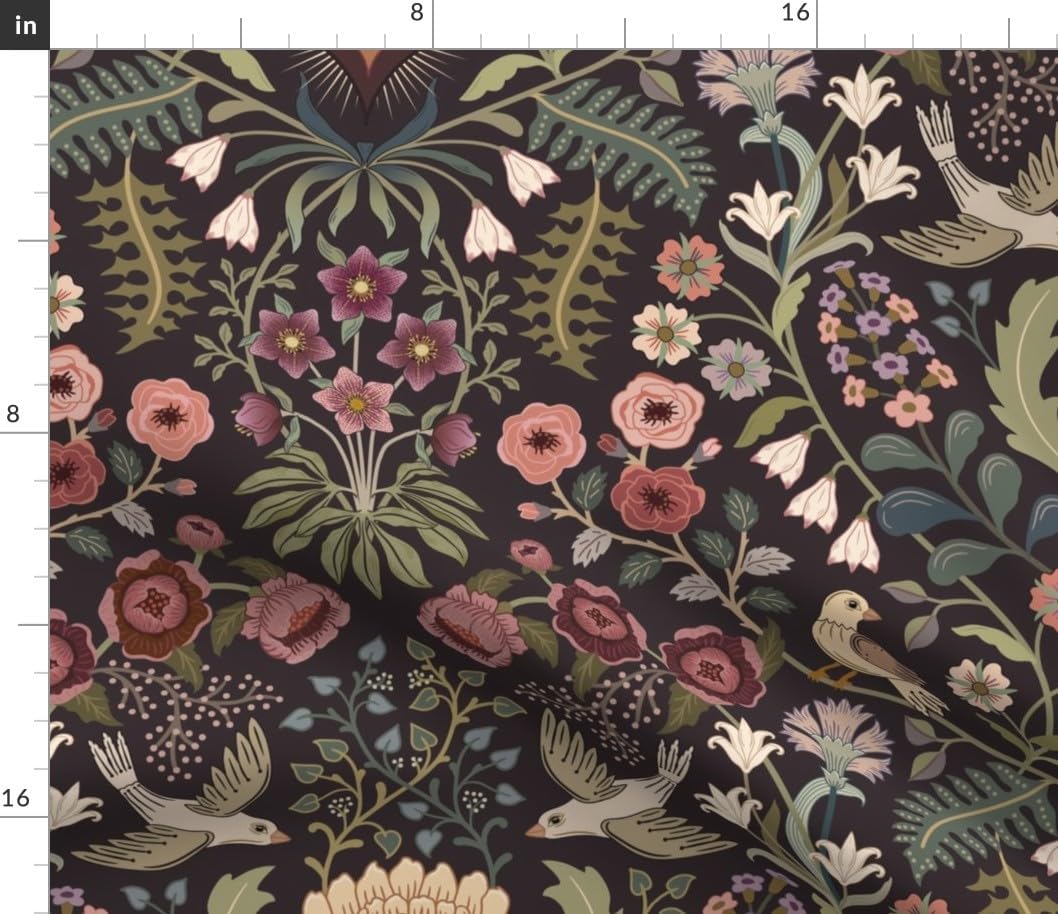 Spoonflower Fabric - Traditional Floral Folk Art Birds Victorian Green Pinks Burgundy Extra Printed on Petal Signature Cotton Fabric Fat Quarter - Sewing Quilting Apparel Crafts Decor