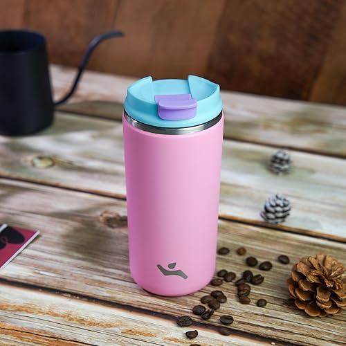 Miniatura 5 de Vaso con tapa, taza de café de viaje de 16 onzas, botella de agua aislada al vacío de doble pared de acero inoxidable con aislamiento térmico, rosa