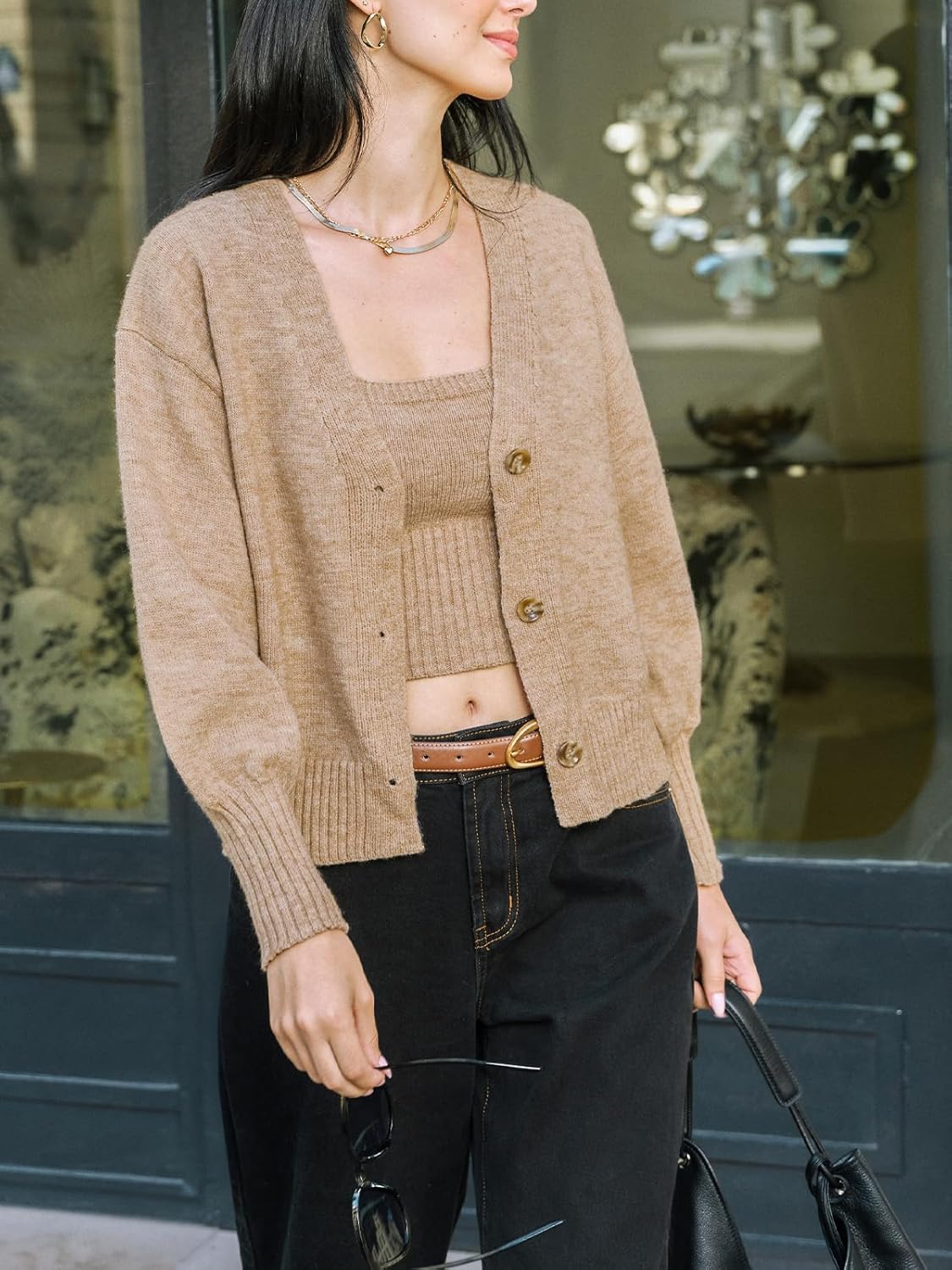 CUPSHE Women's Fall Lightweight Cropped Cardigan V Neck Puff Long Sleeve Button Down Open Front Sweater - Image 3