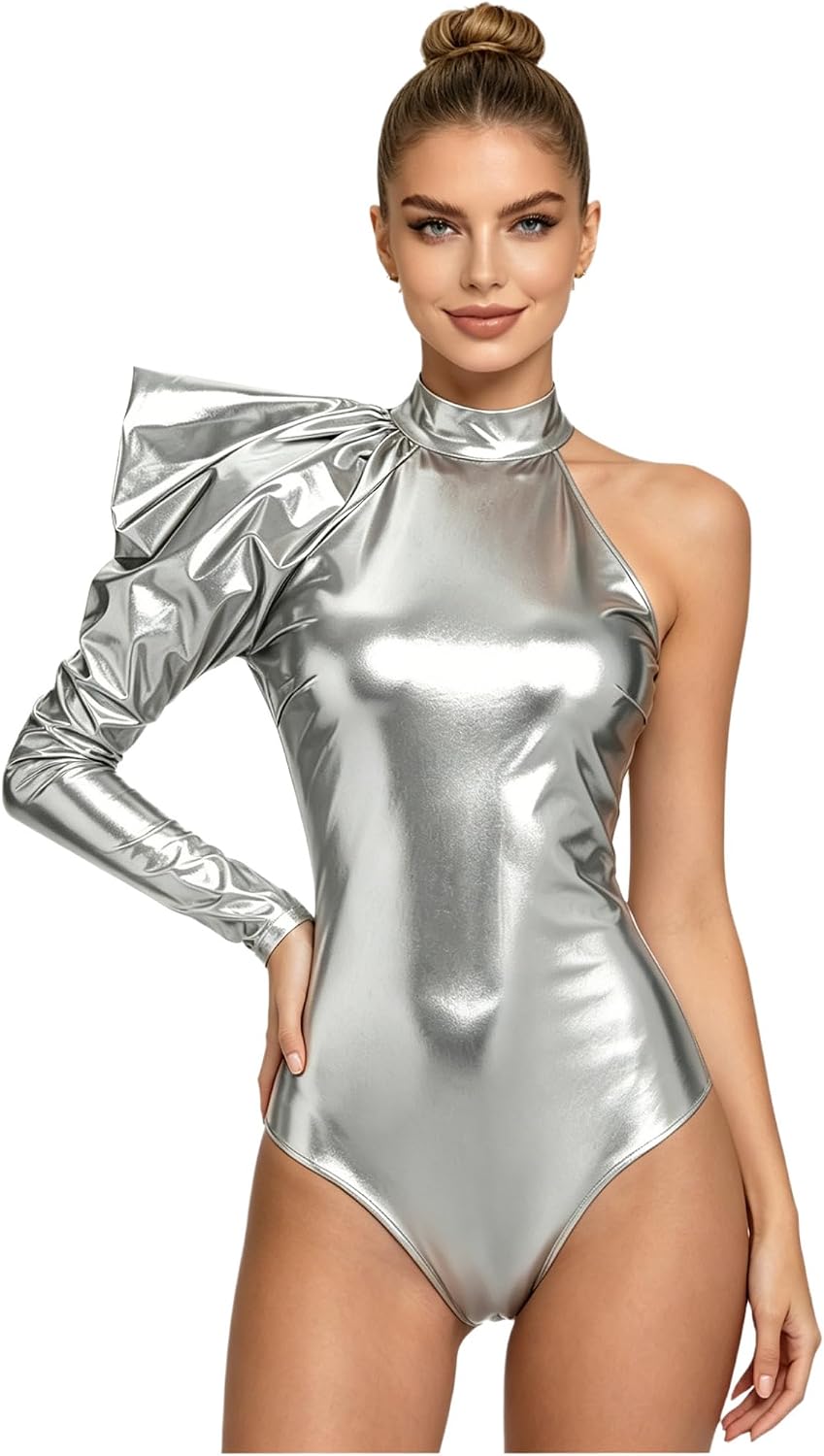 Agoky Women's Metallic One Shoulder Dance Leotards Rave Outfits