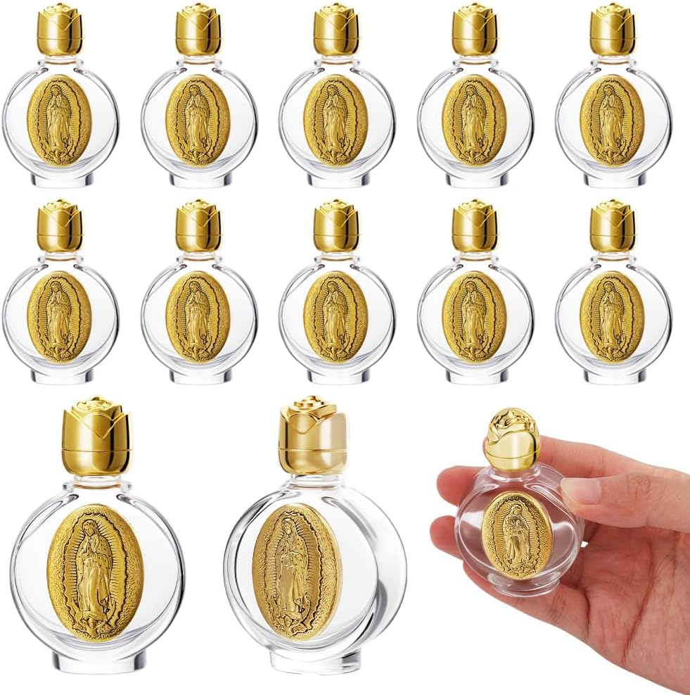 AHANDMAKER 12 Pcs Holy Water Bottles 0.5 Fl oz Empty Glass Travel Bottles with Lid Embossed Portable Golden Bottles for Church Decorations Home Spiritual Events Wedding Baptism Favors, Golden