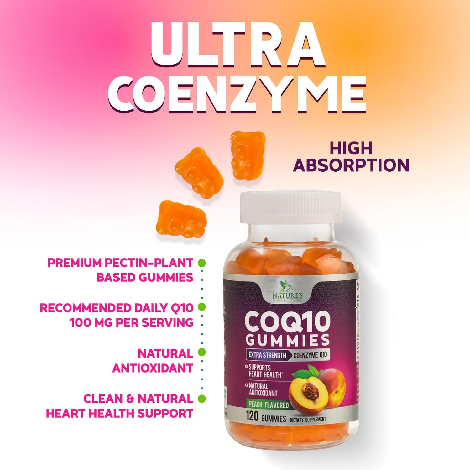 CoQ10 Gummies - Coenzyme Q10 100mg Per Serving - 3X Strength, High Absorption, Antioxidant Supplements for Heart Health Support & Energy Production, Ultra Coq 10 Vitamins Supplement - 120 Gummies