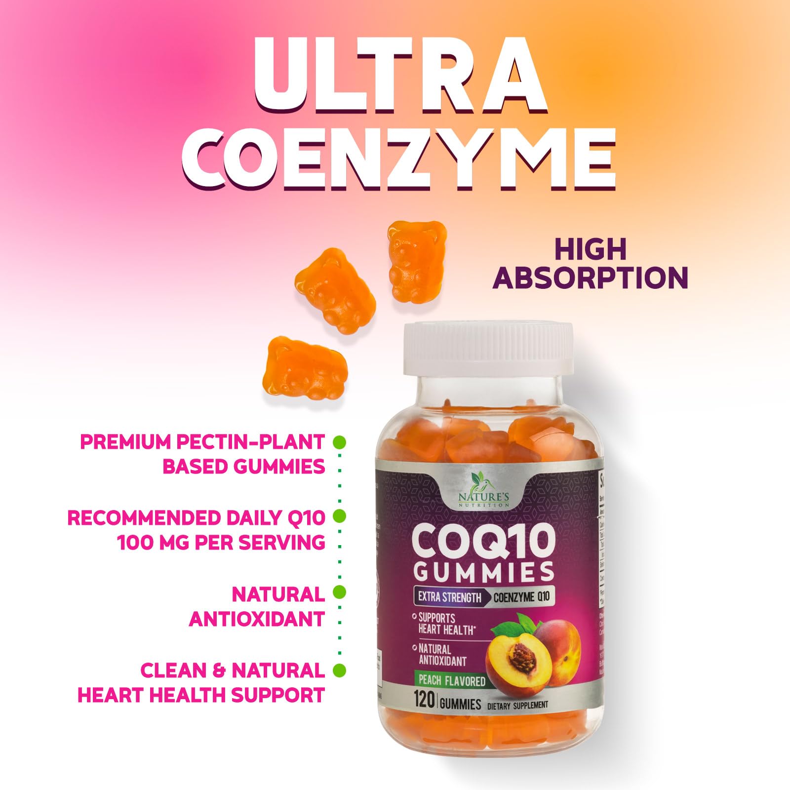 CoQ10 Gummies 100mg - 3X Strength Co Q10 Gummies - High Absorption Coenzyme Q10 Heart Health & Cellular Energy Support - Co Q 10 Gummy Antioxidant Supplement - Vegan - Tasty Peach Flavor - 120 Gummies — Amazon image 5