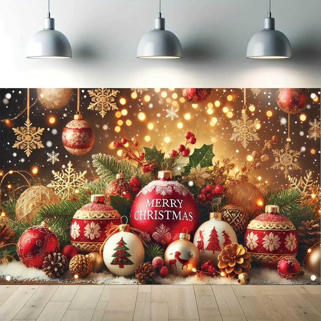 Christmas Party Decoration 71x43 Inch Merry Christmas Ball Ornament Pine ConeSnowflake Gift Box Holly Bell Holiday Scene ndoor Outdoor Xmas Celebration Decor