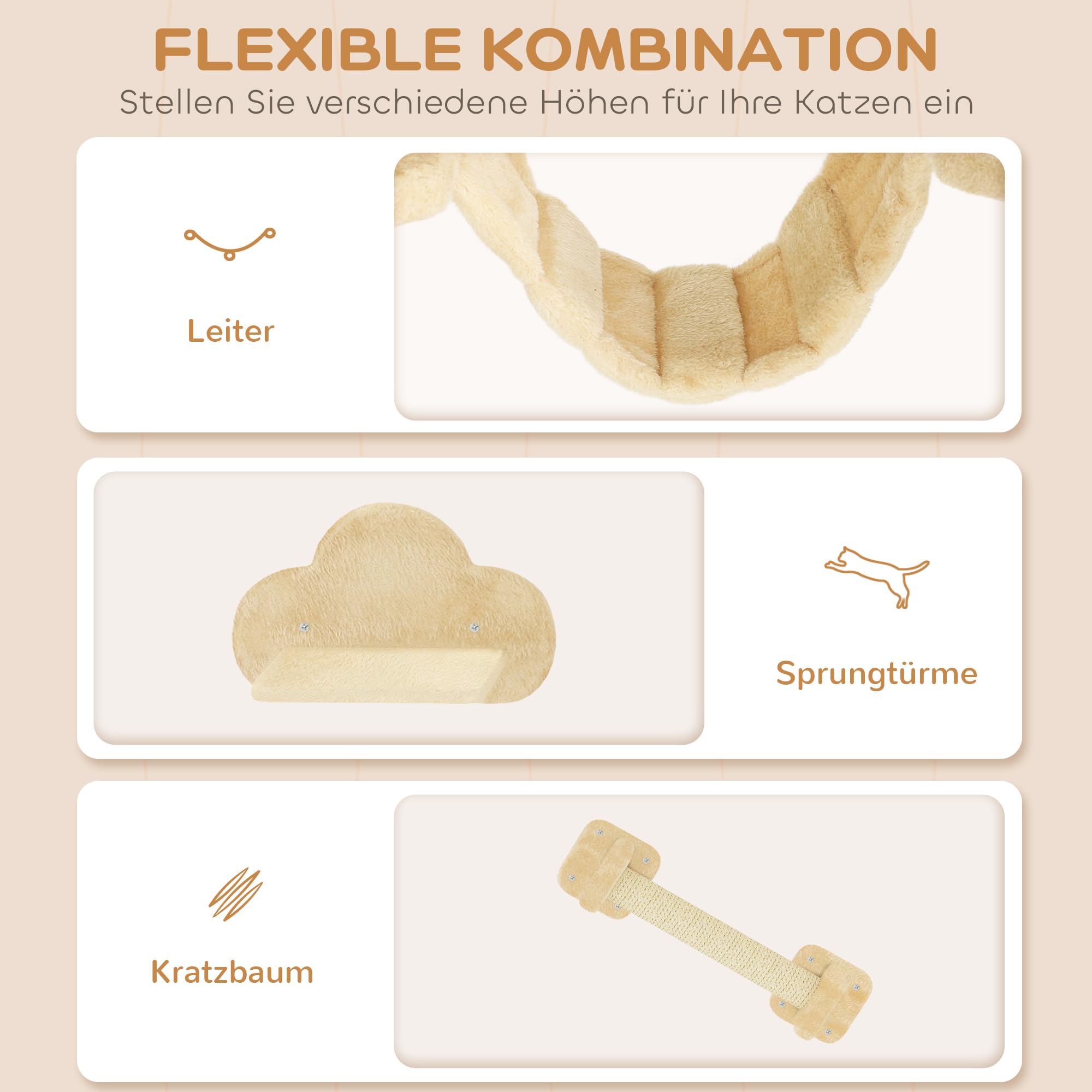 PawHut Kletterwand Katzen 5-Teilig Kratzstamm Katzenhaus bis 5 kg Beige | Katzenkletterwand, Katzen Wandelemente, Sprungplattformen, Katzenleiter, Katzenwandmöbel Set, für Klettern Spielen Schlafen