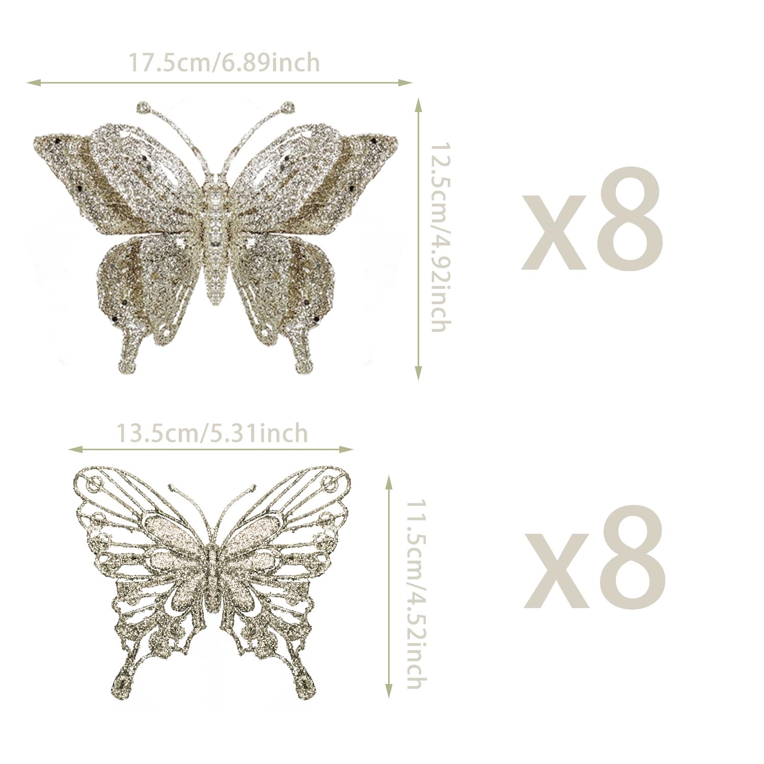 Déco Papillon Paillettes & Strass Pour Sapin De Noël – Ornement Doré, Plastique ABS, 24.5 X 17 Cm