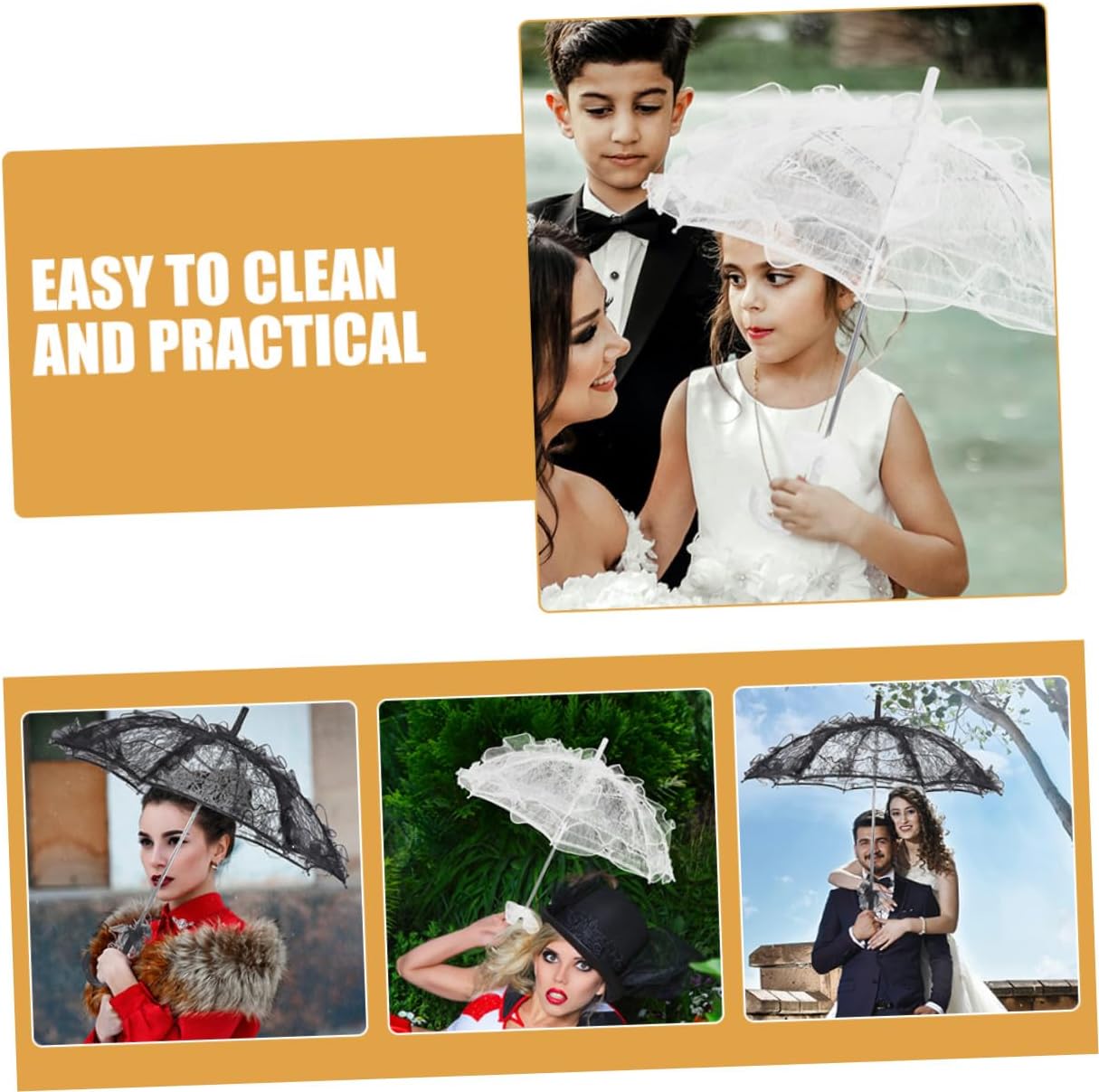CALLARON 2pcs Wedding Parasol Umbrella Lace Bridal Umbrella for Weddings Embroidery Sun Protection Black White Stick for Women Tea Party and Outdoor Events