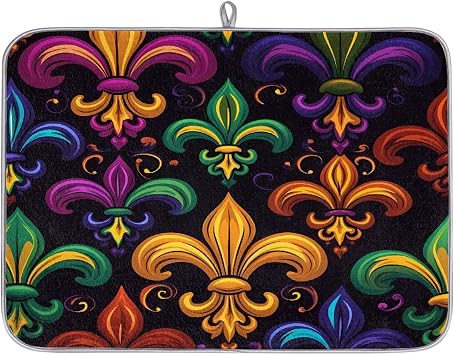 Dish Drying Mat 18x24 in Colorful Mardi Gras Fleur De Lis Absorbent Drying Mats Kitchen Counter Dish Drainer Pad Coffee Bar Mat