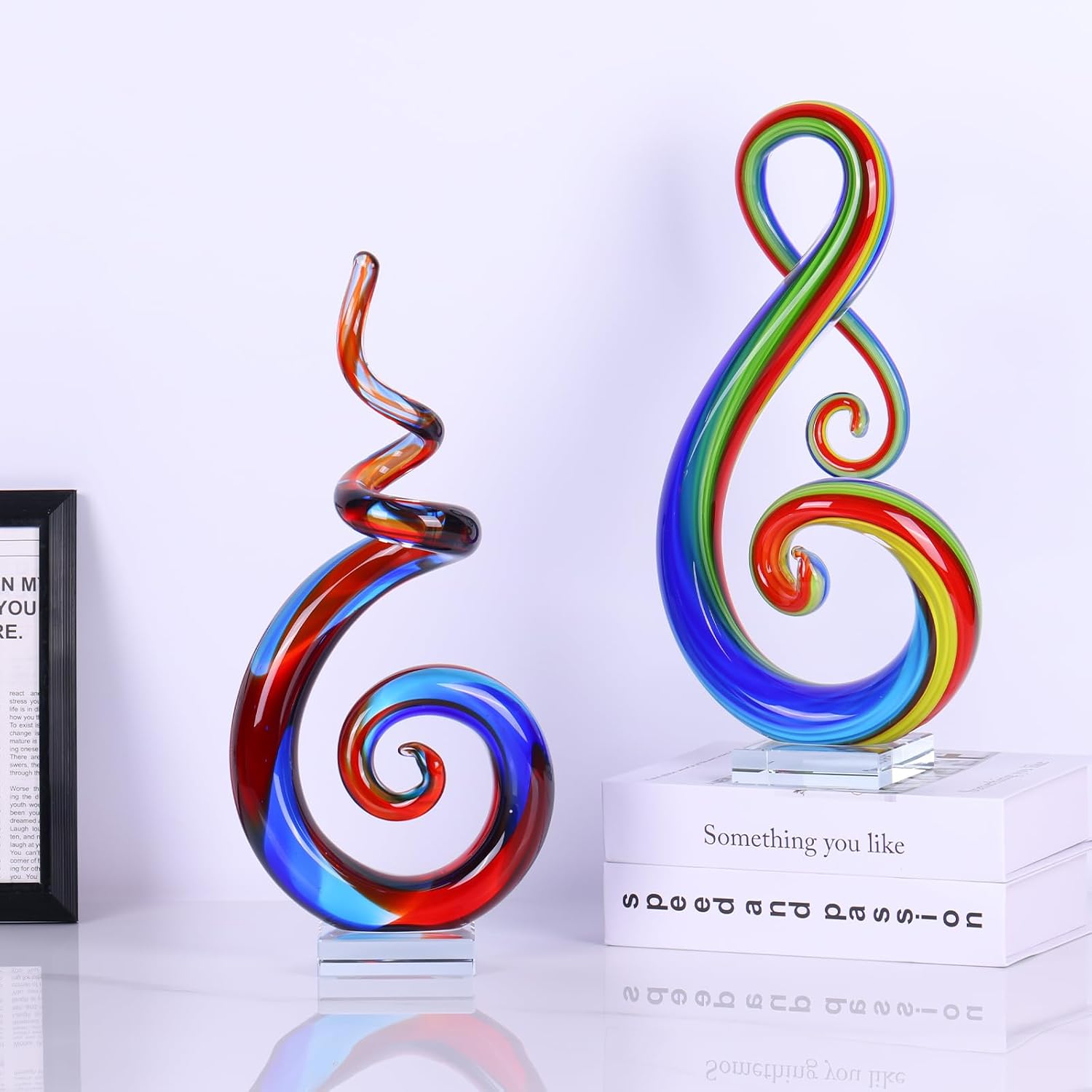 LCCCK 13" H Large Glass Sculpture Blue Hand Blown Glass Figurines Art Music Decor, Modern Red Glasses Decor Crystals Statue Knick Knacks- for Luxury Home Living Room Office Console Table Decoration image 4