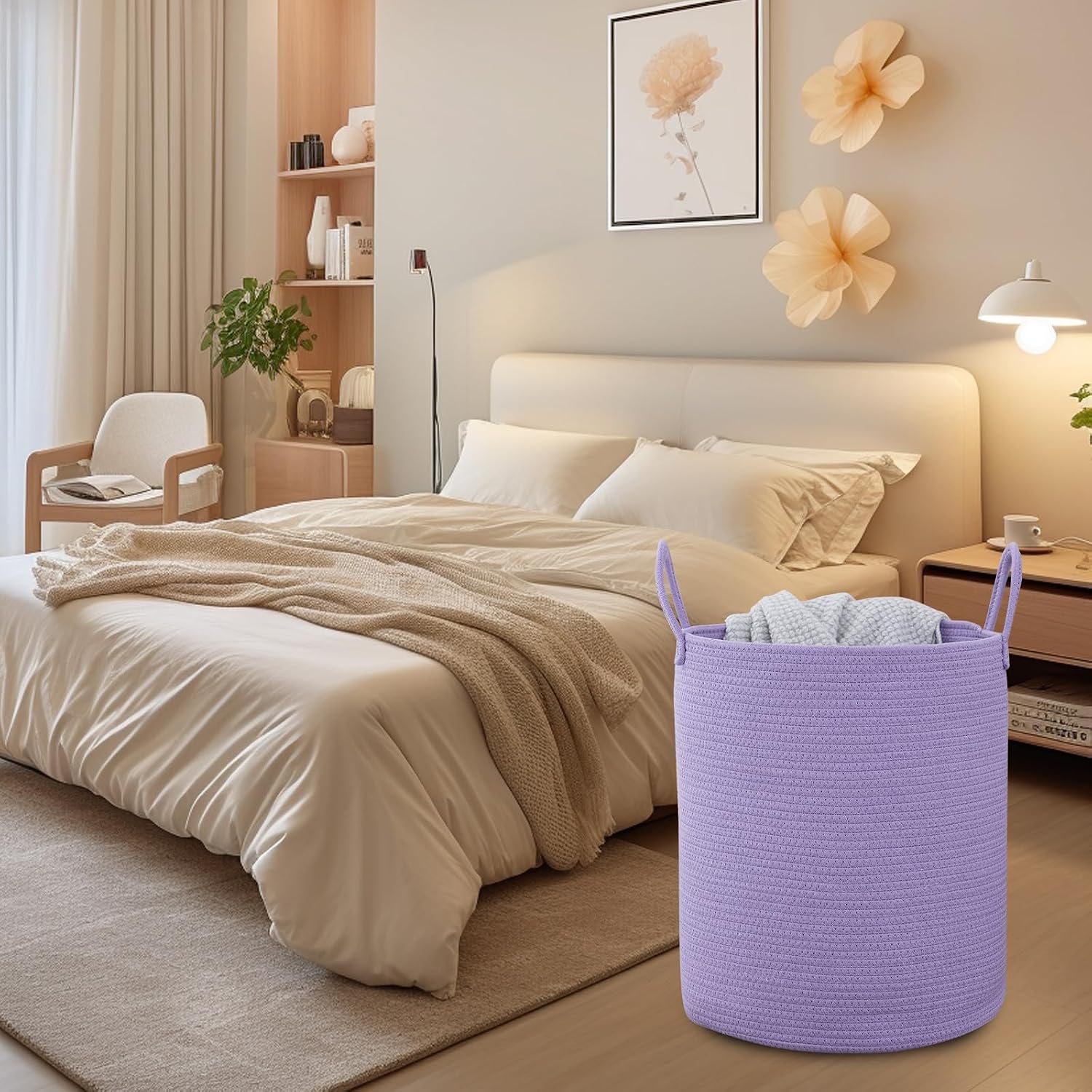 Woven Basket Nursery Laundry Hamper with Handles, Clothes Storage Organizer, Woven Basket for Boy Room Decor, Toy & Blanket Storage Bin, 15x15x18 Inch,Purple,1pc
