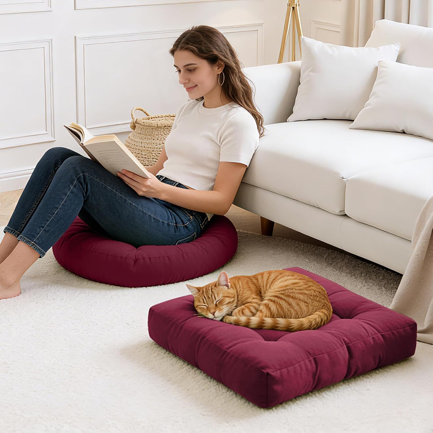Floor Cushion Pillow Set of 2 Large Round and Square Floor Pillows for Adults Meditation Cushion Pillow Wine Red Tufted Corduroy Cushions for Living Room Outdoor Yoga Tatami Fireplace,20x20 Inch