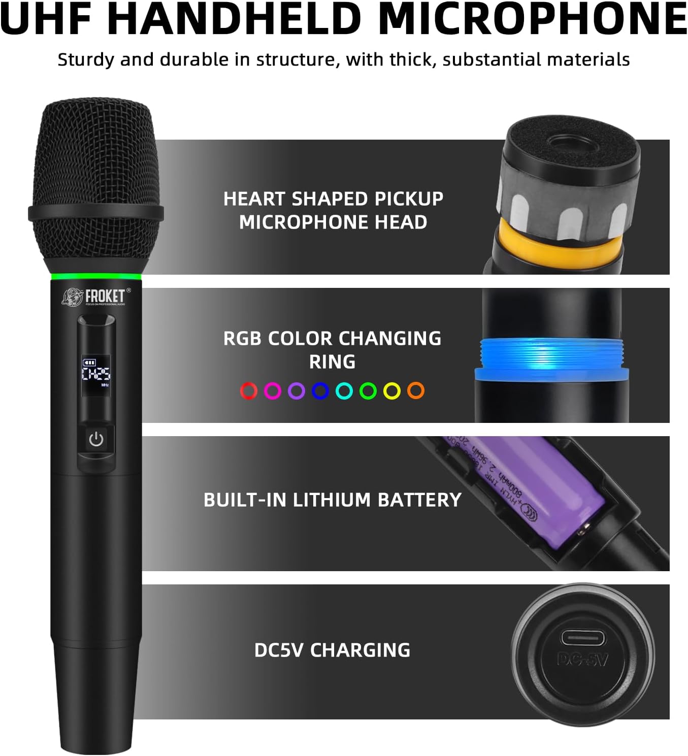 2.4G Handheld Wireless Microphone WL200S with RGB Lights, 99 Channels, Heart-Shaped Pickup, for Karaoke, Stage Performance, Vocal Concert
