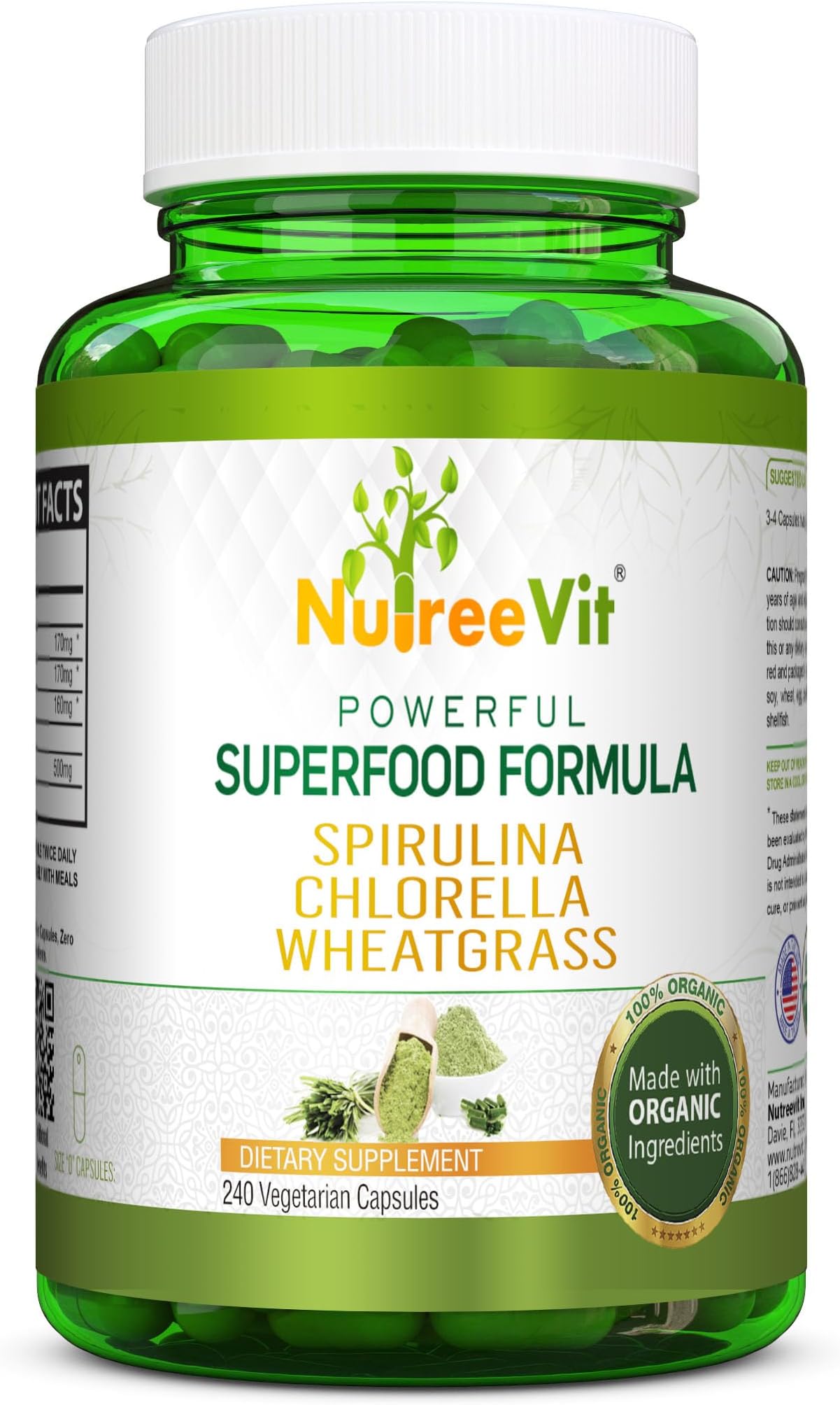 Pure 100% Organic Spirulina + Chlorella + Wheatgrass - Powerful Superfood - Veggie Capsules | 500mg