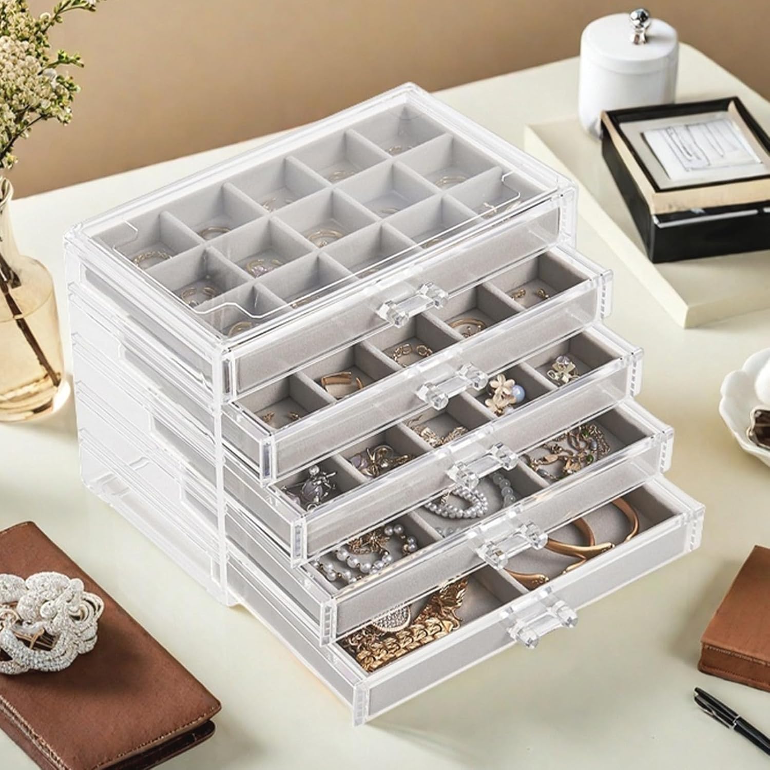 Acrylic Jewelry Organizers and Storage with 5 Drawers, Clear Jewelry Box for Women, Velvet Earring Organizer for Ring Necklace, Gray