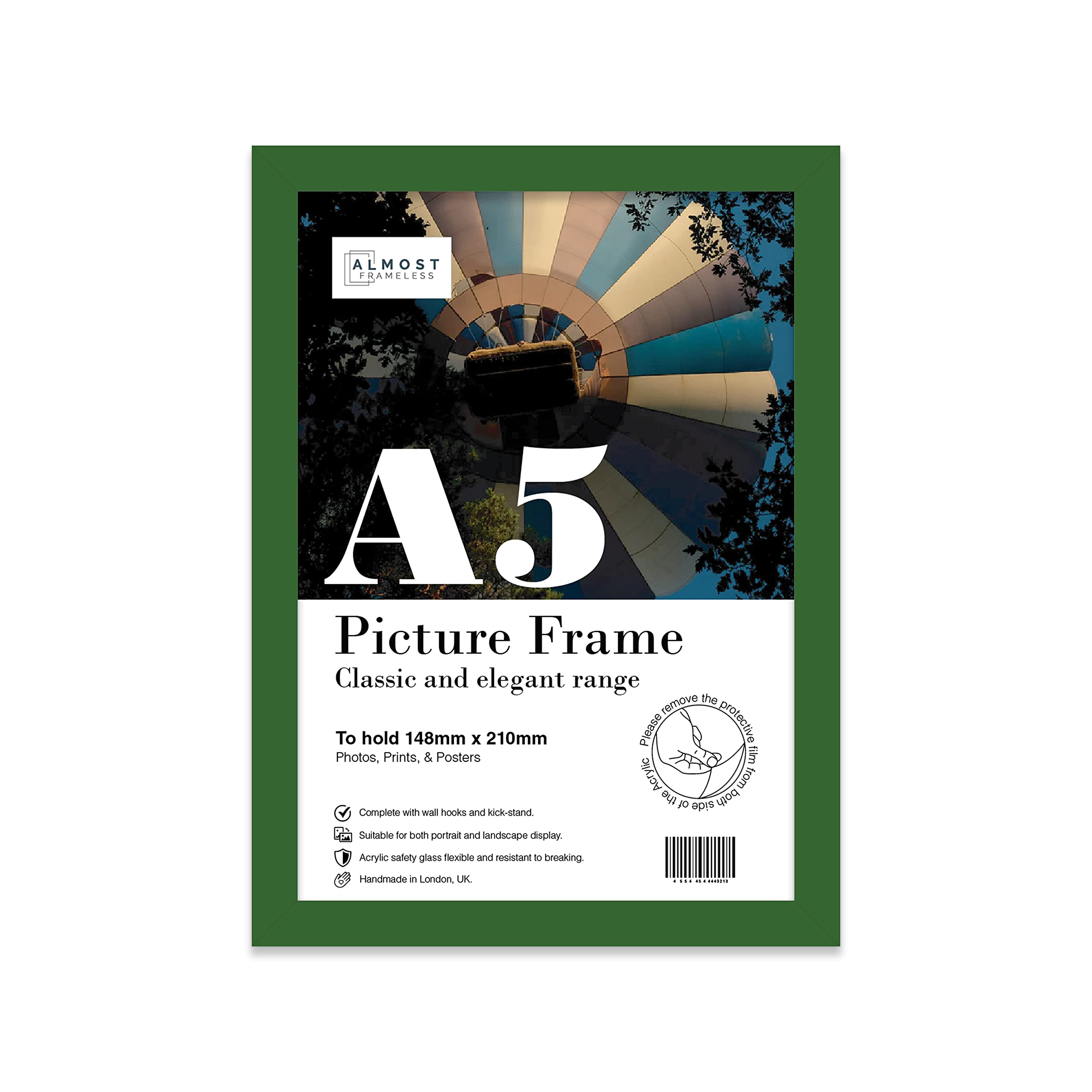 Almost Frameless A5 Green Picture Frame, Fits A5 (14.8 x 21cm - 5.8 x 8.3in) Poster, Photo, or Print. Portrait and Horizontal Wall Hooks/Kickstand Wall Art Display