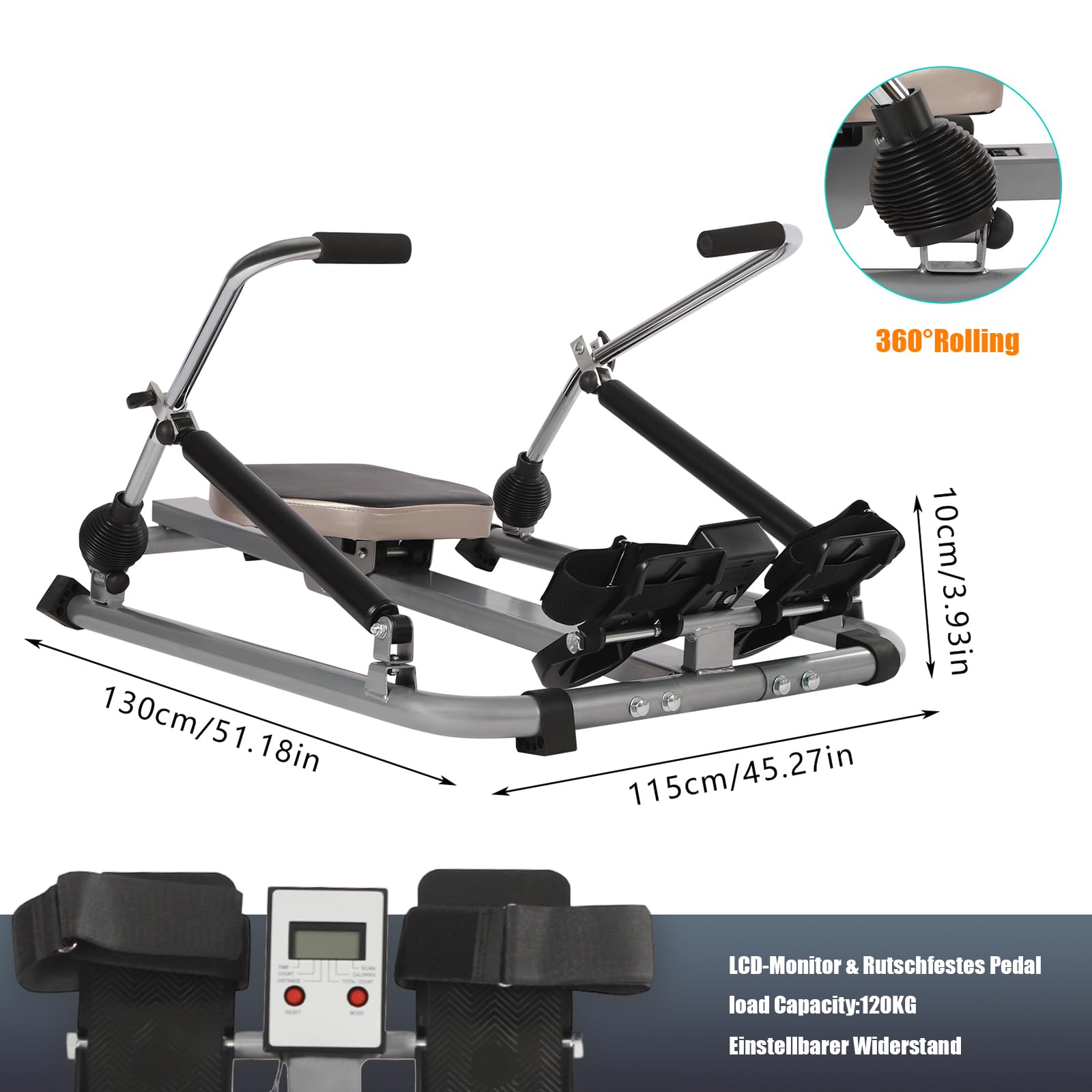Wioślarz do domu, podwójne wiosło z wyświetlaczem LED, cichy, opór hydrauliczny, do 120 kg, do treningu całego ciała, symuluje prawdziwe wiosłowanie