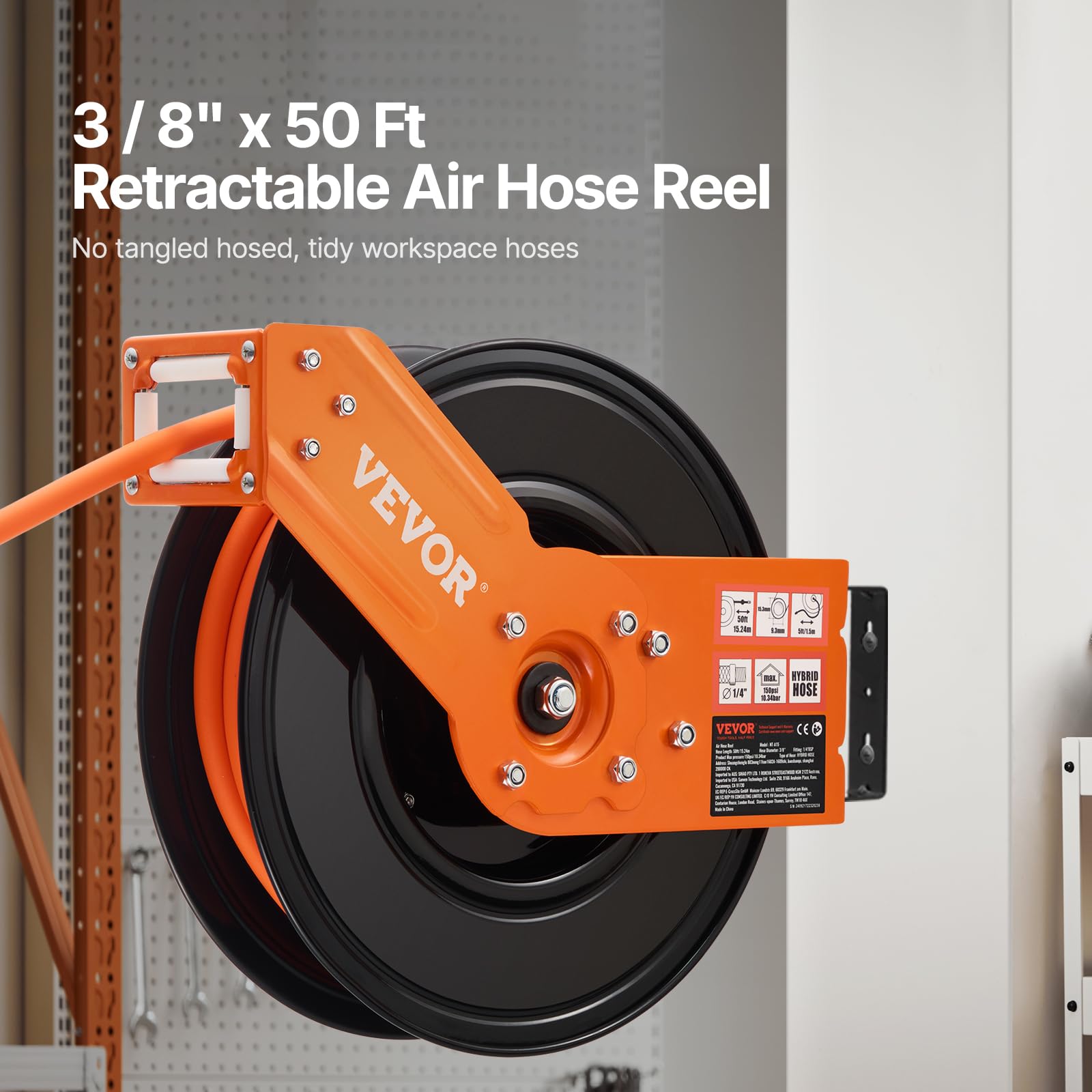 VEVOR Avvolgitubo Aria Compressa Retrattile Tubo Flessibile per Aria Compressa Ibrido Lunghezza 15,24m Pressione max. 300 PSI, Bobina Avvolgitubo Montaggio a Soffitto/Parete Staffa Girevole 180°