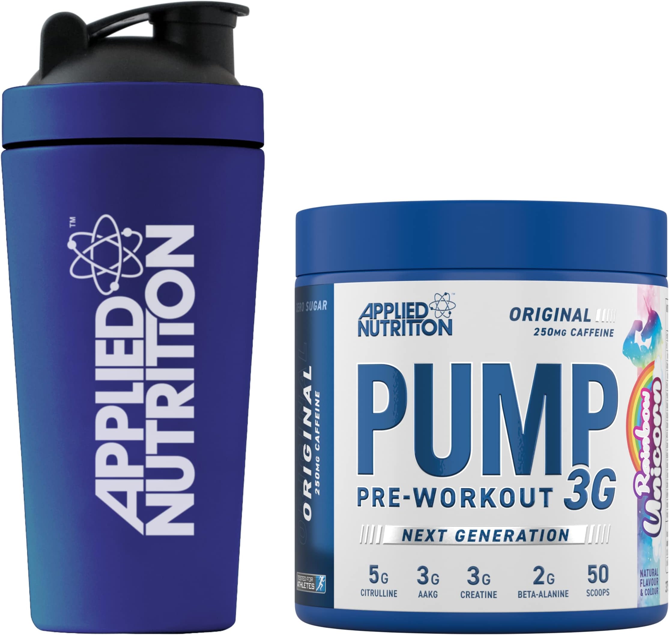 Pump 3G Pre Workout + 750ml Steel Protein Shaker - Energy, Focus & Performance (375g - 25 Servings) (Rainbow Unicorn)