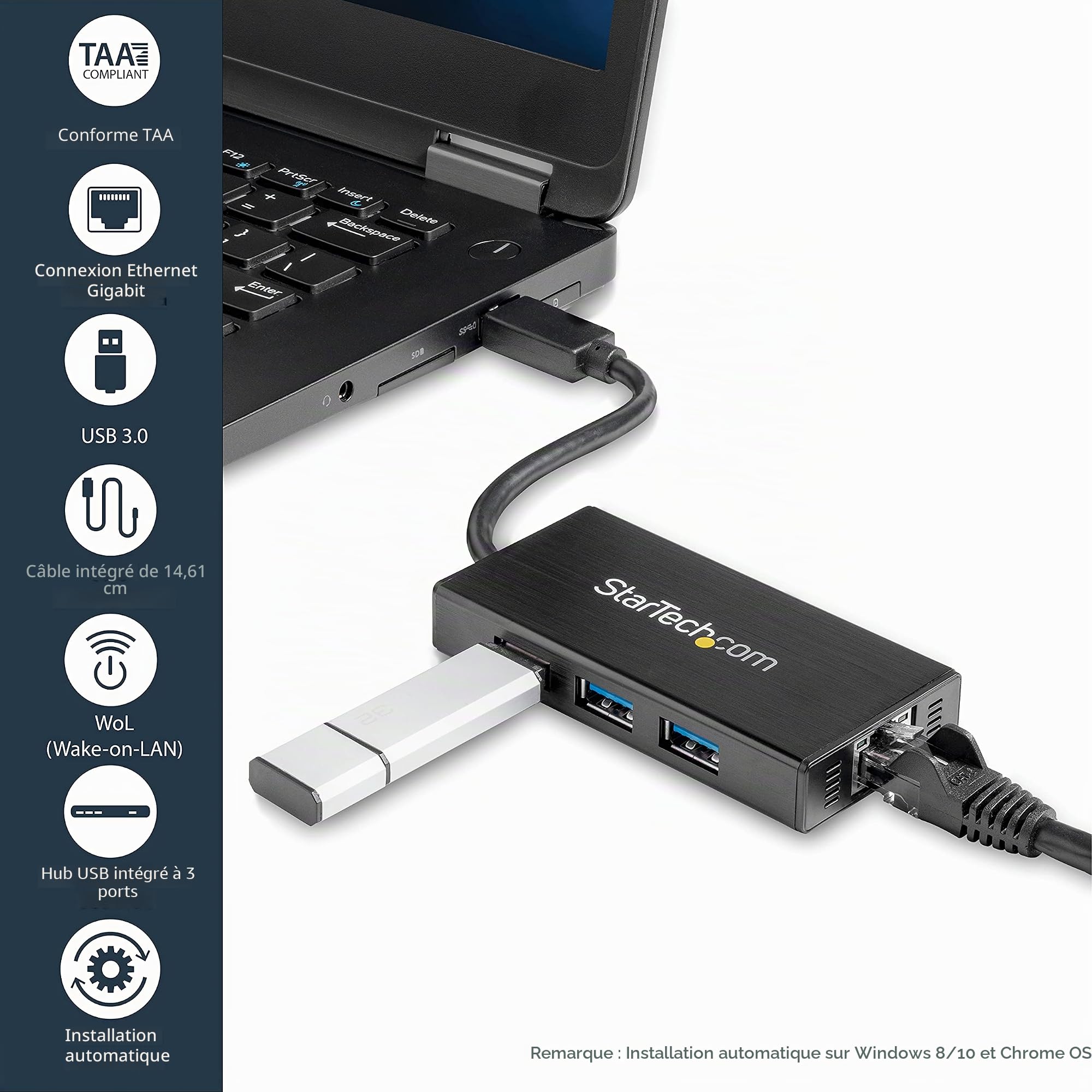 StarTech Hub USB-A 3 Ports 5Gbps, Gigabit Ethernet LAN, Aluminium | Station d'accueil, dock, Adaptateur LAN RJ45, Wake-on-LAN, Câble integre