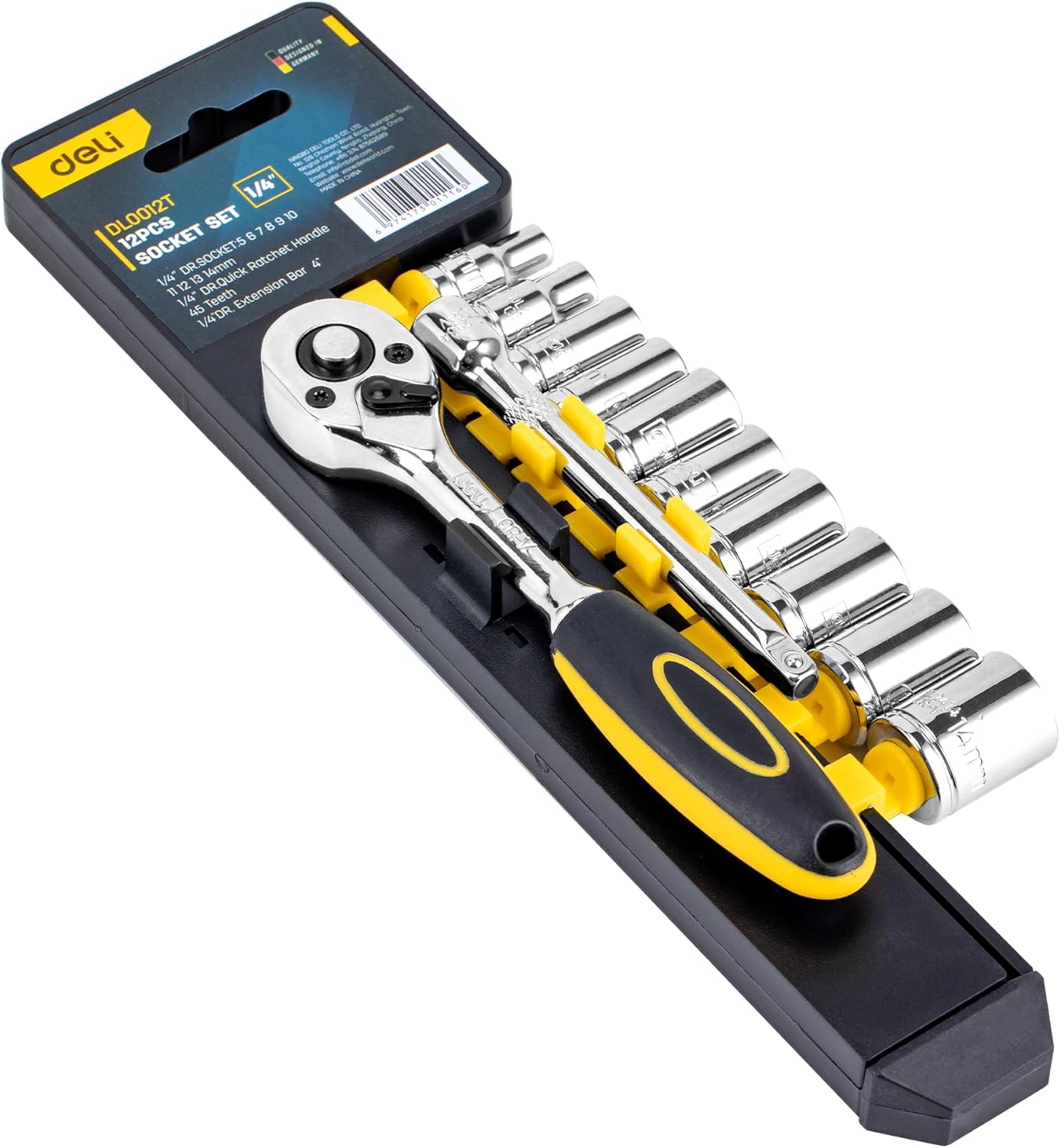 deli 12-Piece 1/4 Inch Drive Socket Set, Metric Ratchet 6-Point Socket Wrench Set, with 10 Sockets 5-14 mm and 2 Way Ratchet Handle and Extension Bar