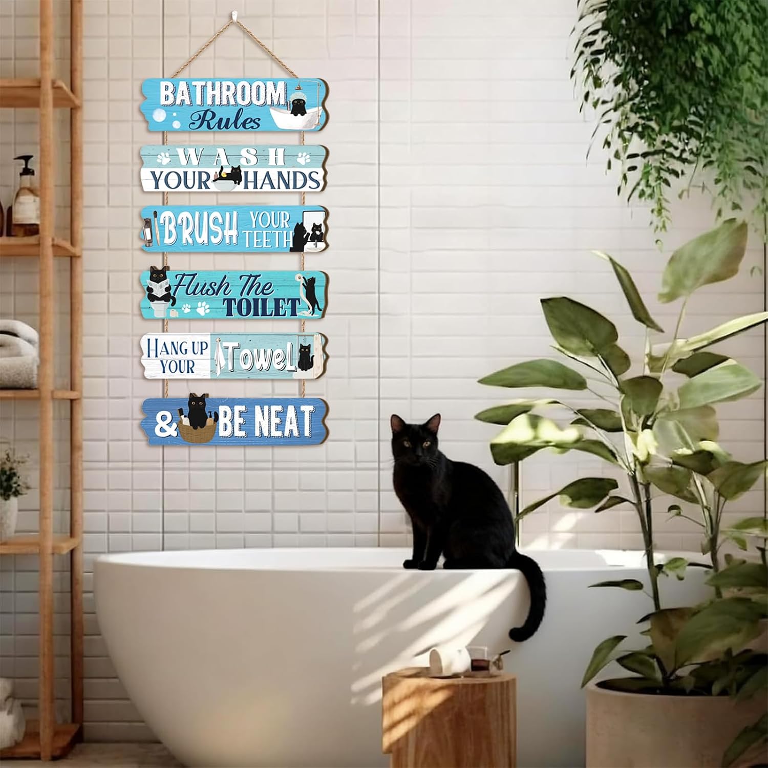 Ausril Funny Cats Bathroom Rules Sign,Black Cats Sign Toilet,Vintage Cat Bathroom Wall Decor,Toilet Door Sign,Restroom Wall Decor,Wash Your Hands Wall Decoration for Home Washing Room Farmhouse