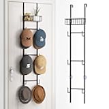 HapiRm Over Door Hat Rack - Wall Mounted Hat Organizer with 6 Hooks and Metal Basket Design, Baseball Cap Organizer Storage Holder Up to 32 Caps for Door, Bedroom, Closet (Black)
