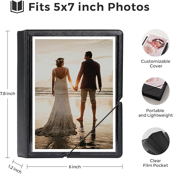 Small Photo Album 5x7 Customizable Cover Plastic 5x7 Photo Book Holds 36 Pockets Mini Picture Album for Wedding Family and Travel (Black)
