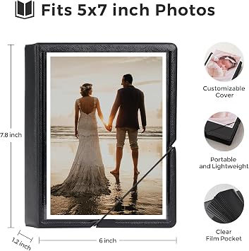 Small Photo Album 5x7 Customizable Cover Plastic 5x7 Photo Book Holds 36 Pockets Mini Picture Album for Wedding Family and Travel (Black)