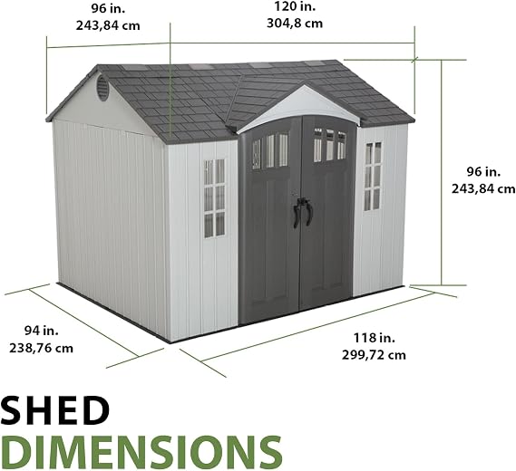 Lifetime 108 Ft. Outdoor Storage Shed, DualWall HDPE with SteelReinforced Structure, SideEntry Doors with Windows, Skylight, Screened Vents, Adjustable Shelves, SlipResistant Floor, UVProtected