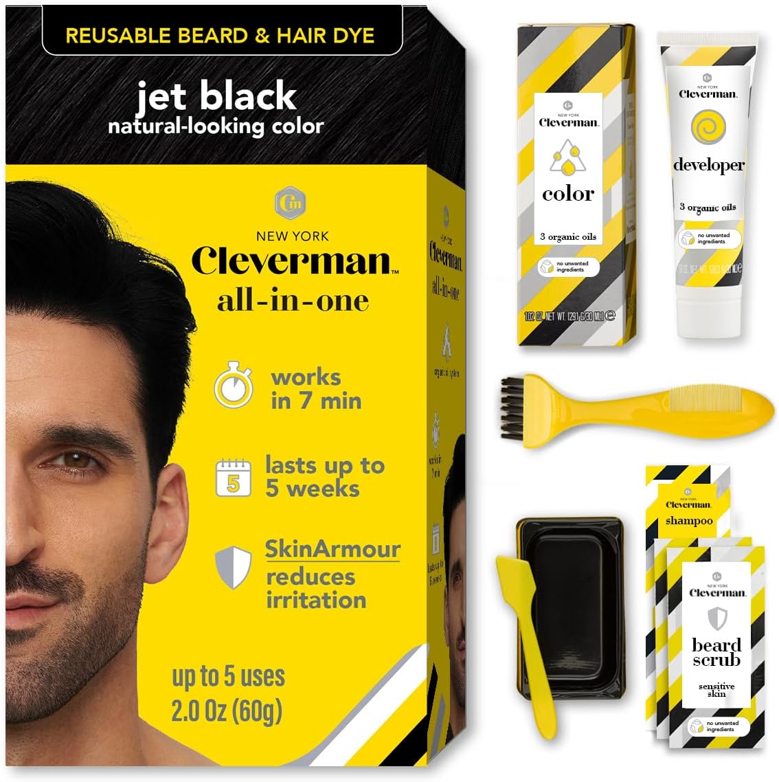 Jet Black Hair & Beard Dye for Men, All-in-One Reusable Kit - Mens Color For Natural-Looking Gray Coverage, Professional-Quality and Ammonia-Free for Hair, Beard & Gray Mustache