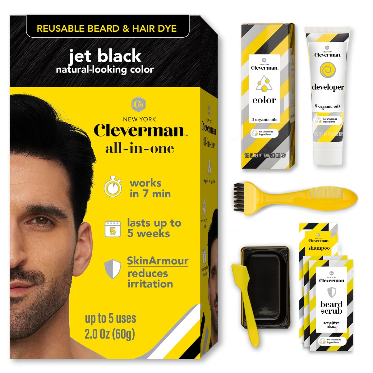 CLEVERMAN Jet Black Hair & Beard Dye for Men, All-in-One Reusable Kit - Permanent, Ammonia-Free, Professional-Quality and Natural-Looking Gray Coverage for Hair, Beard & Mustache