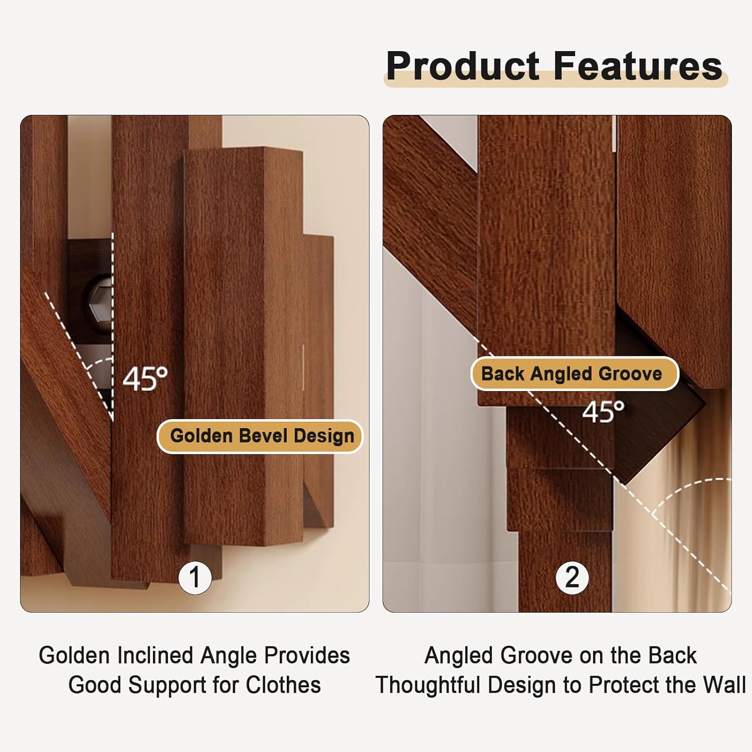 Modern Wooden Coat Rack, key holder wall mount– Handmade Solid Walnut Flip Hook Rack with Hidden Mount, Decorative Entryway Wall Hooks for Coats, Bags & Hats, Space-Saving Design (Black,8Hooks)