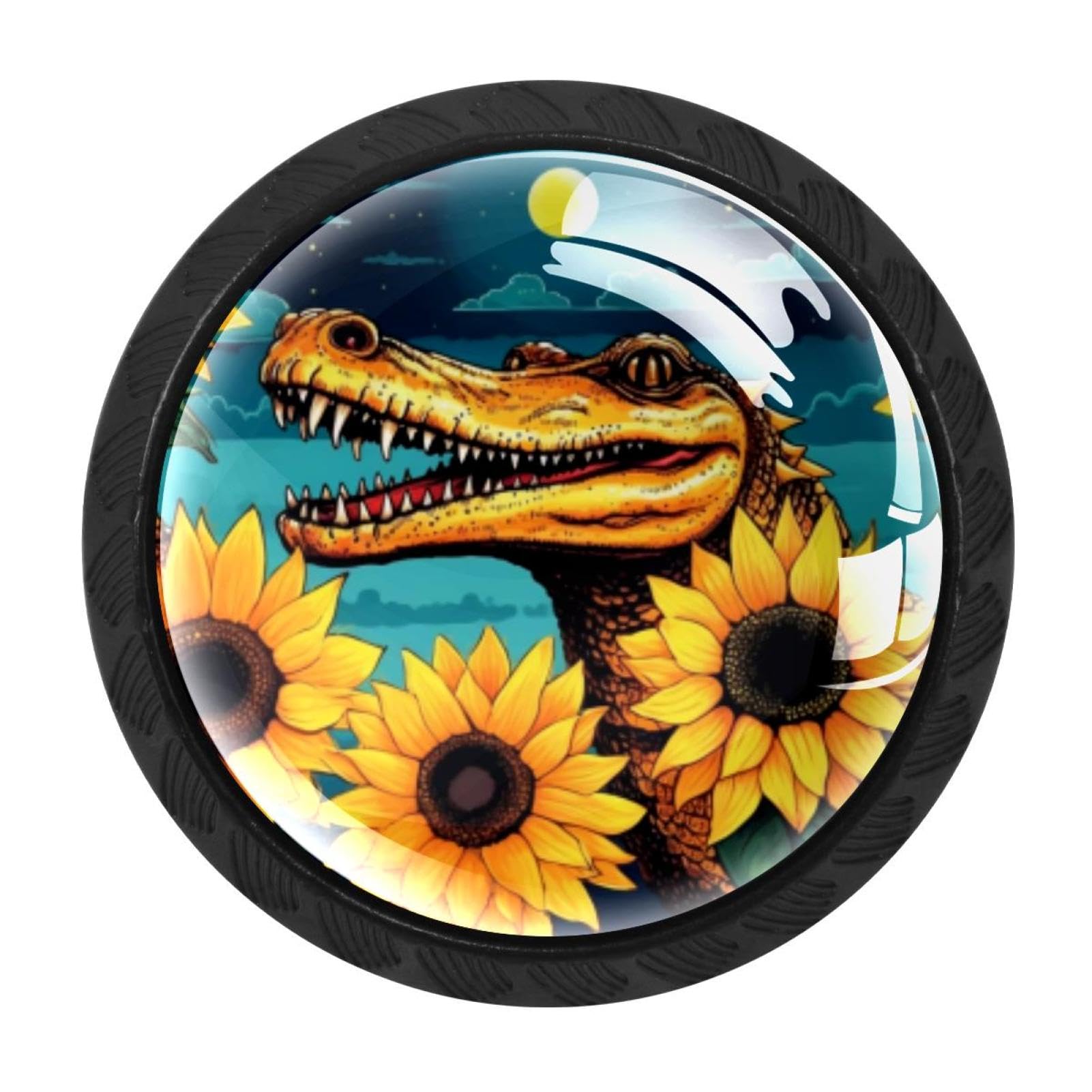 CHENZZZZ 4 Pack Black Crocodile Starry Sunflower Drawer Knobs, Cabinet Knobs Round Glass Knobs for Kitchen Cabinet Hardware Bathroom 35MM