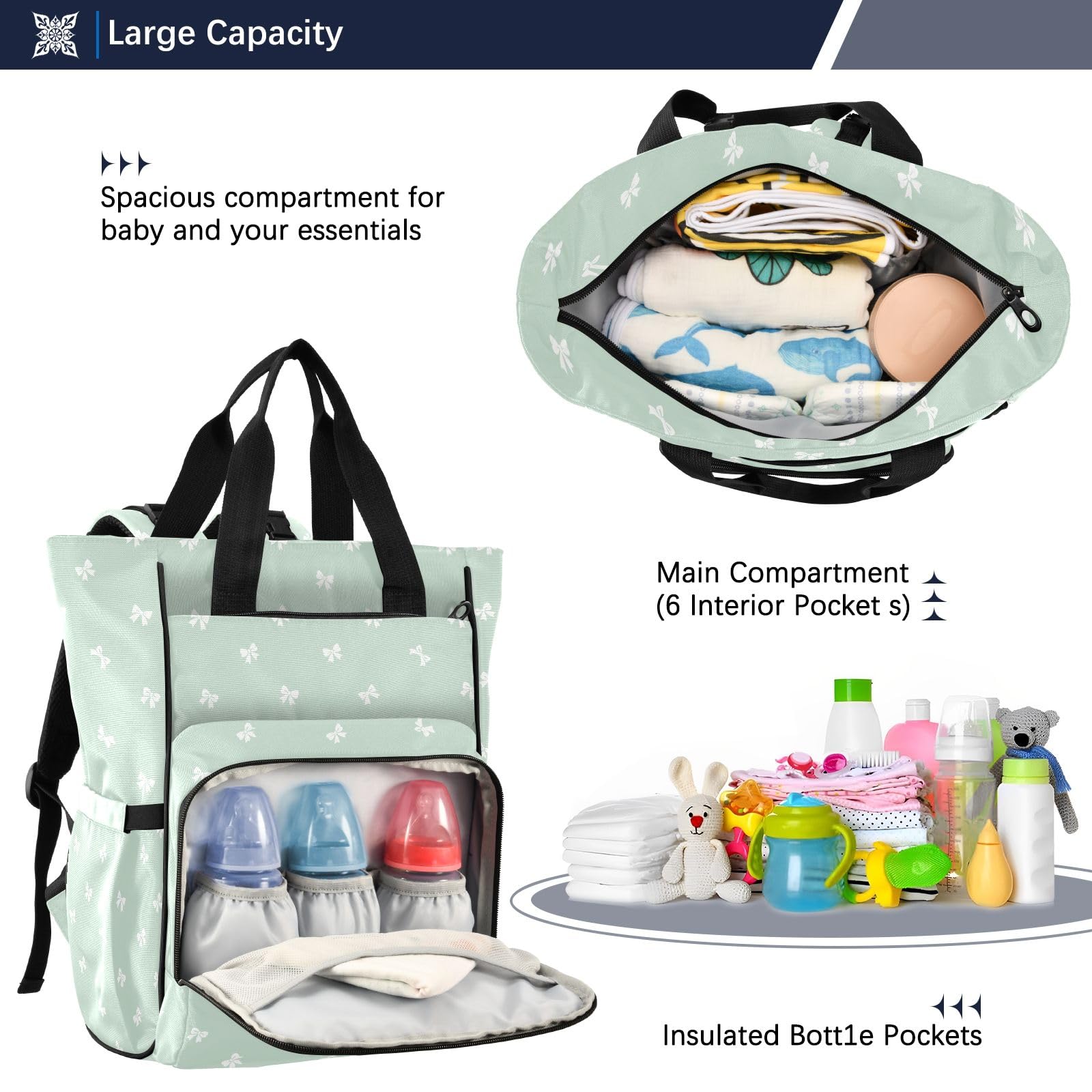 Mnsruu Borsa per pannolini per bambini con fiocco bianco zaino grande borsa impermeabile da viaggio borse per pannolini per mamme e papà